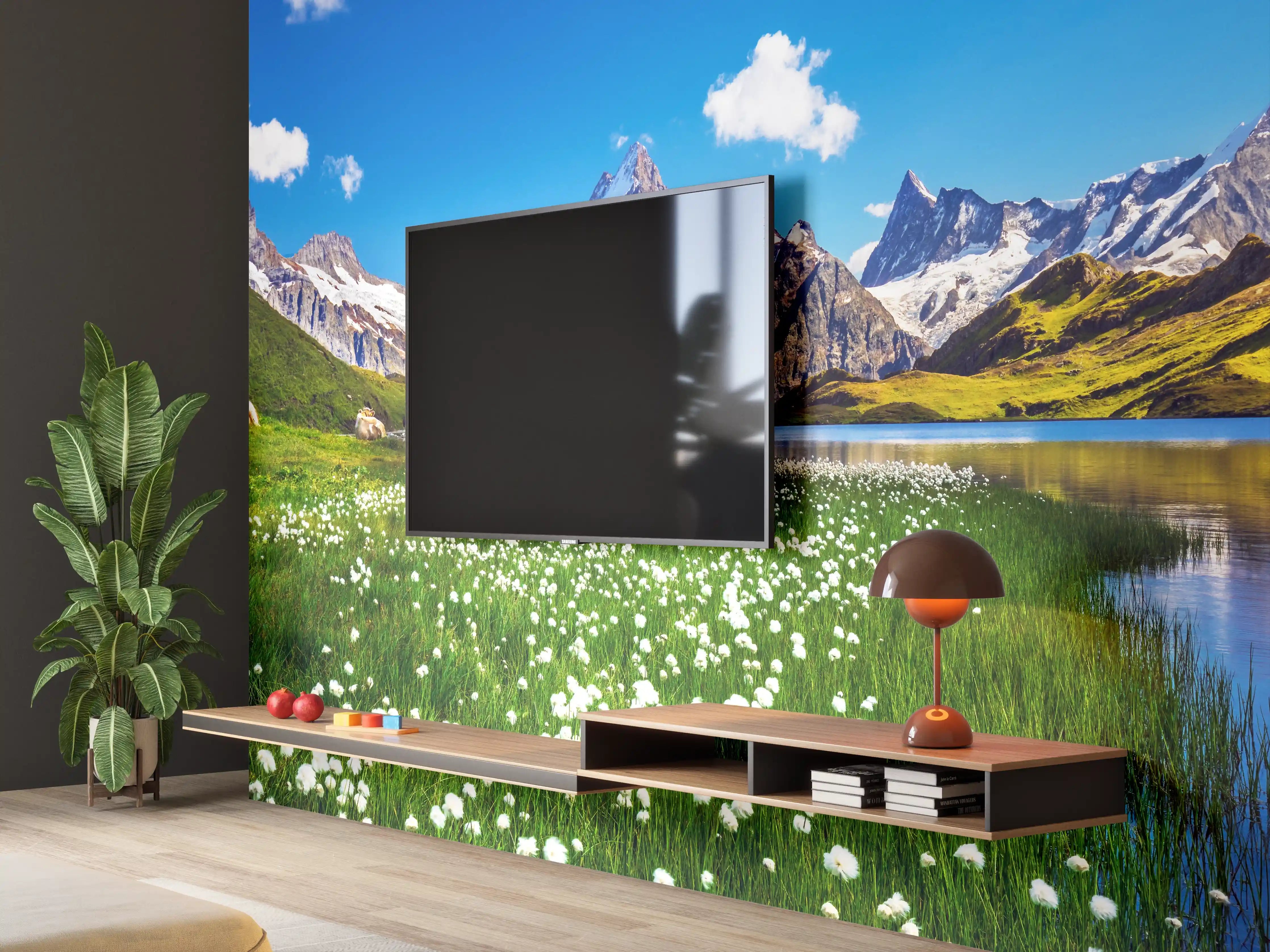 Wandverkleidung Wohnzimmer - Malerische Berglandschaft mit See und Blumen