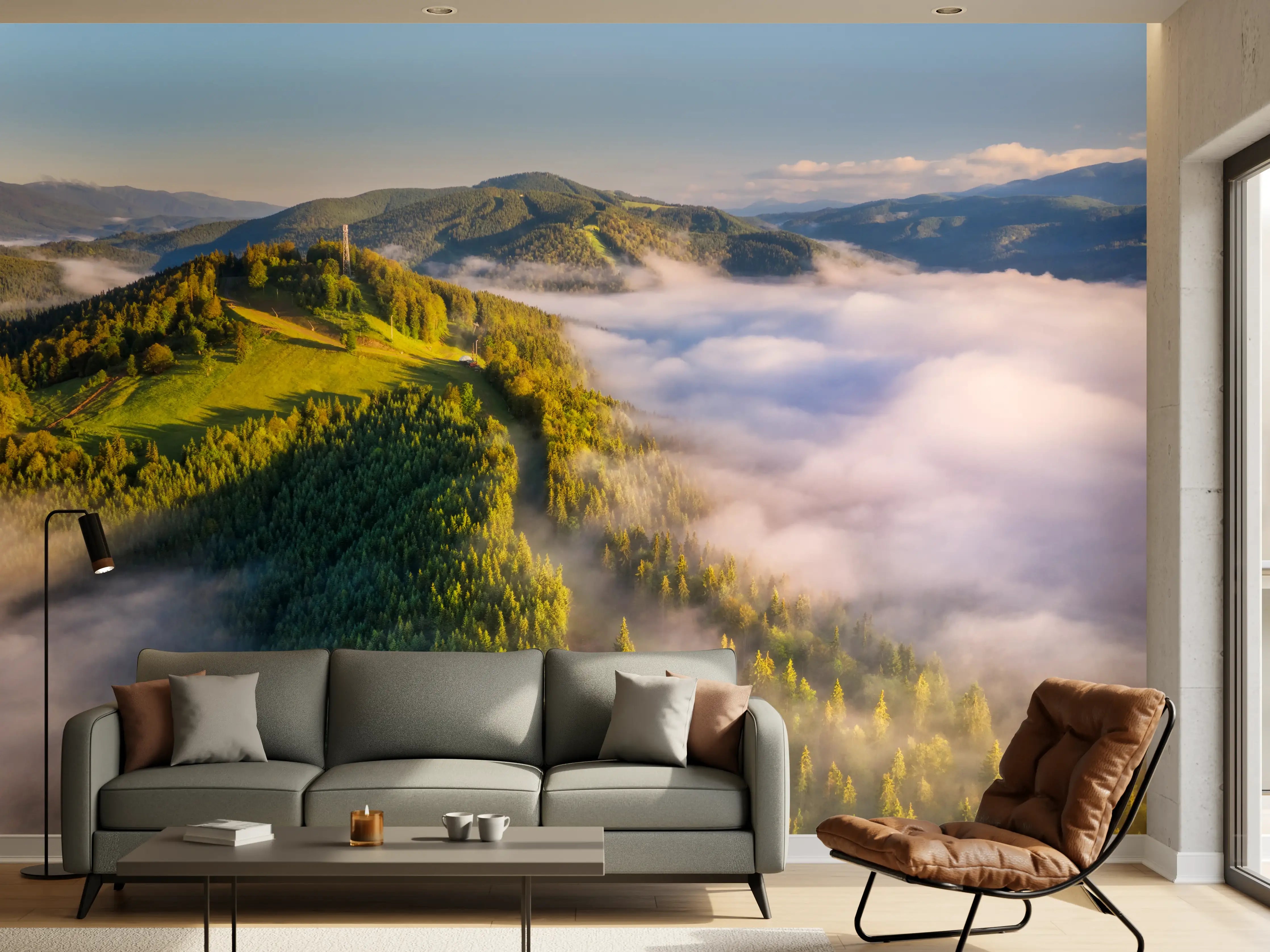 Wandverkleidung Wohnzimmer - Malerische Berglandschaft mit Wolkenmeer