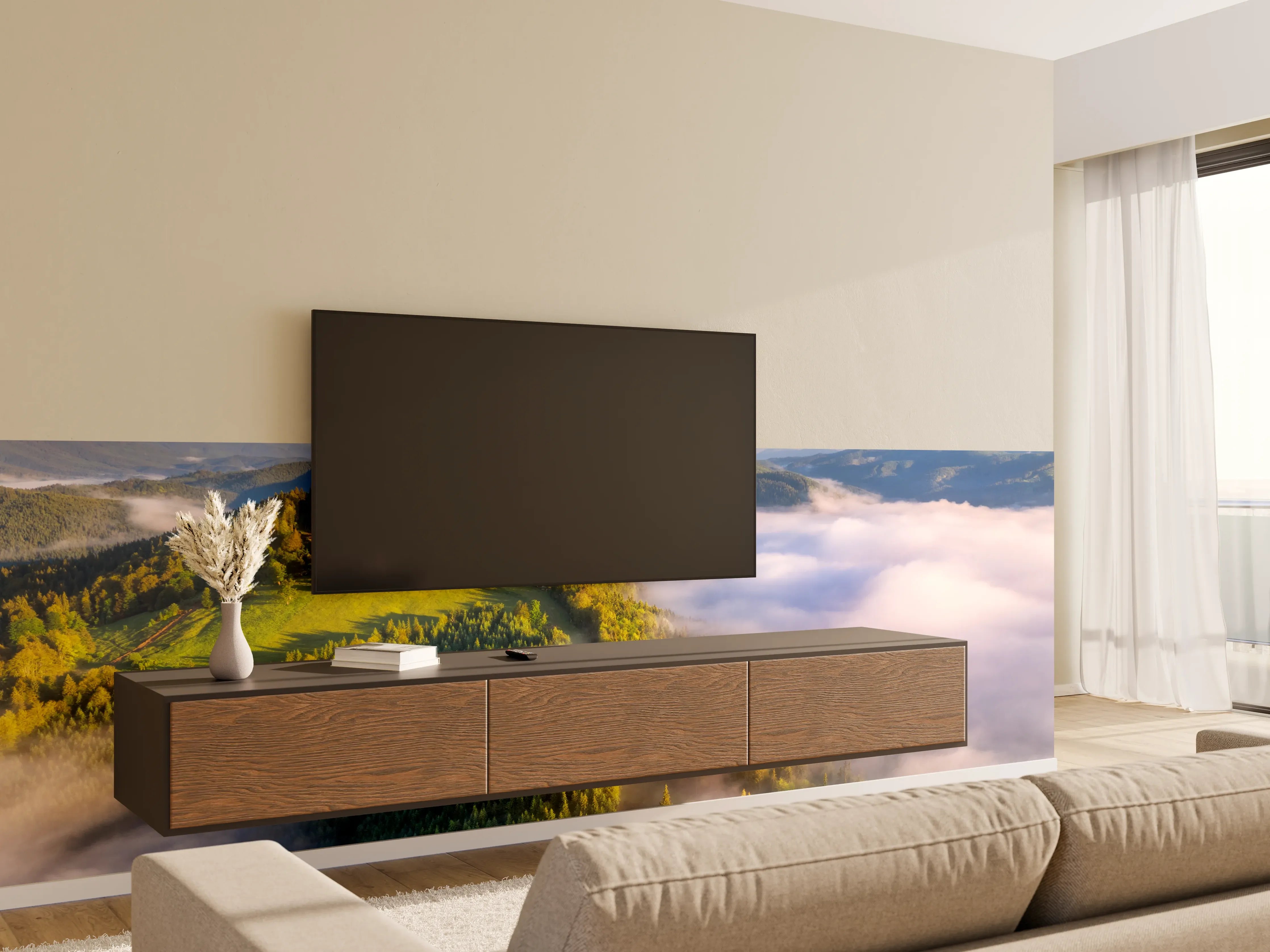 Wandverkleidung Wohnzimmer - Malerische Berglandschaft mit Wolkenmeer