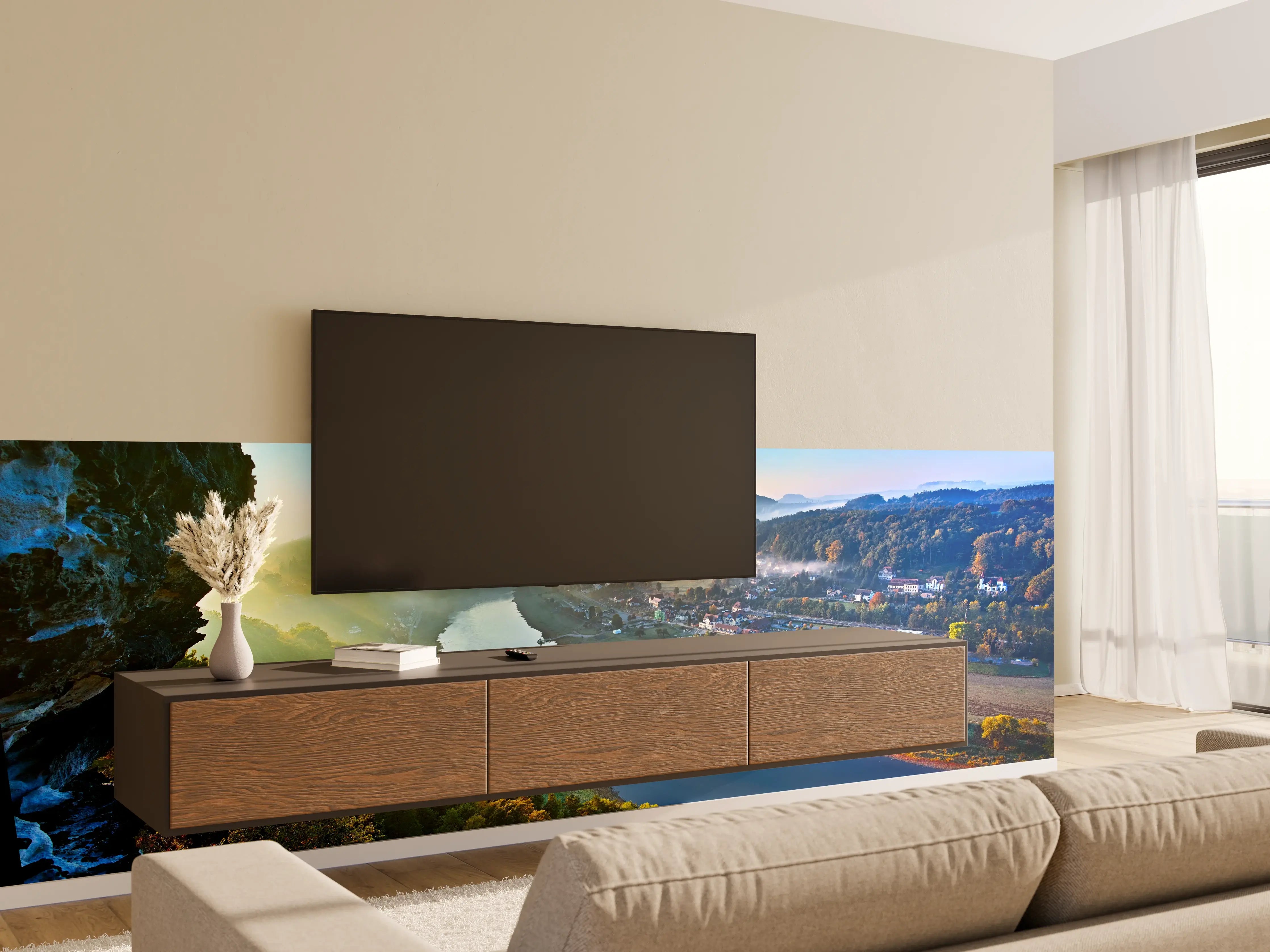 Wandverkleidung Wohnzimmer - Malerische Flusslandschaft bei Sonnenaufgang