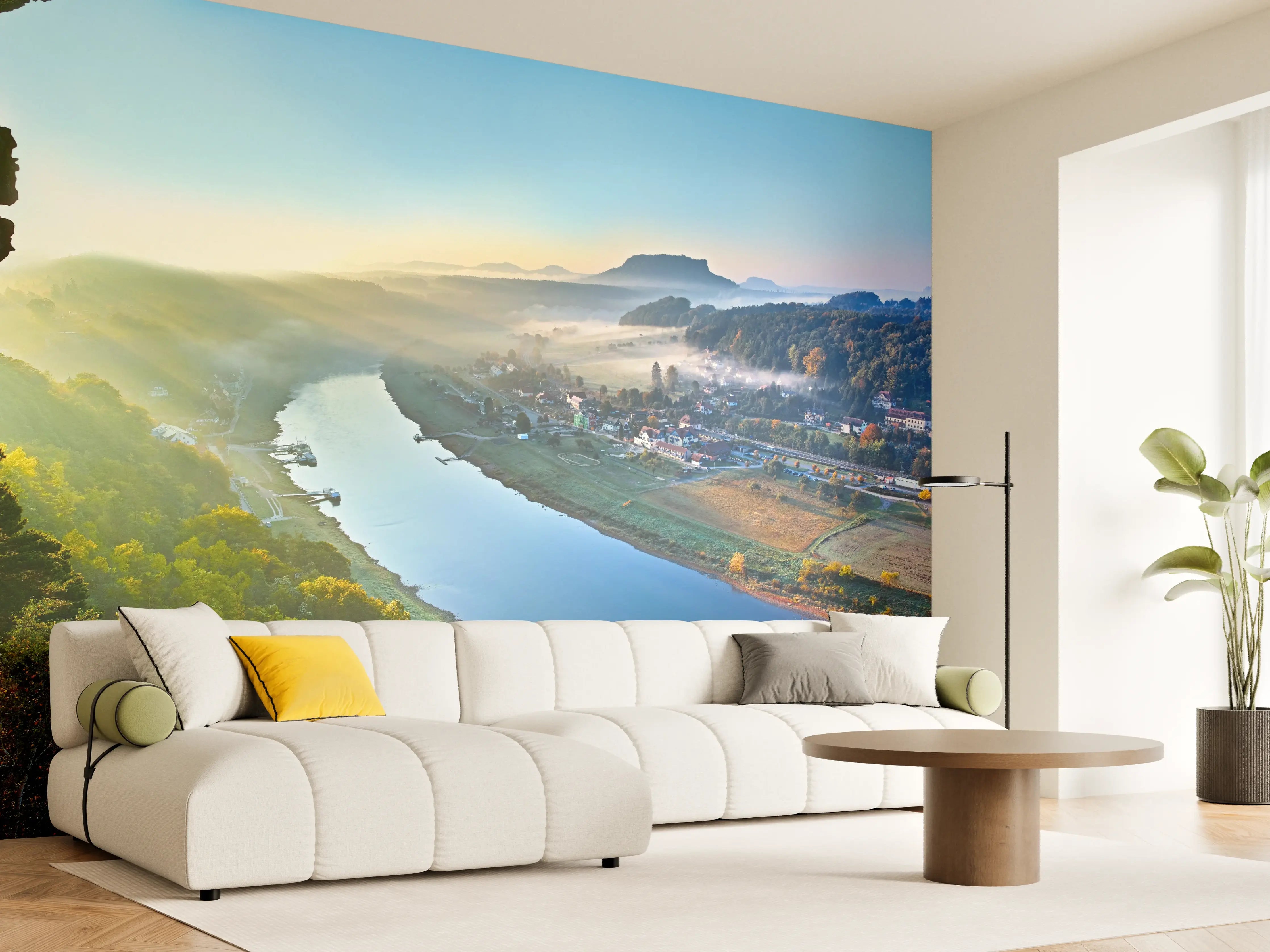 Wandverkleidung Wohnzimmer - Malerische Flusslandschaft bei Sonnenaufgang