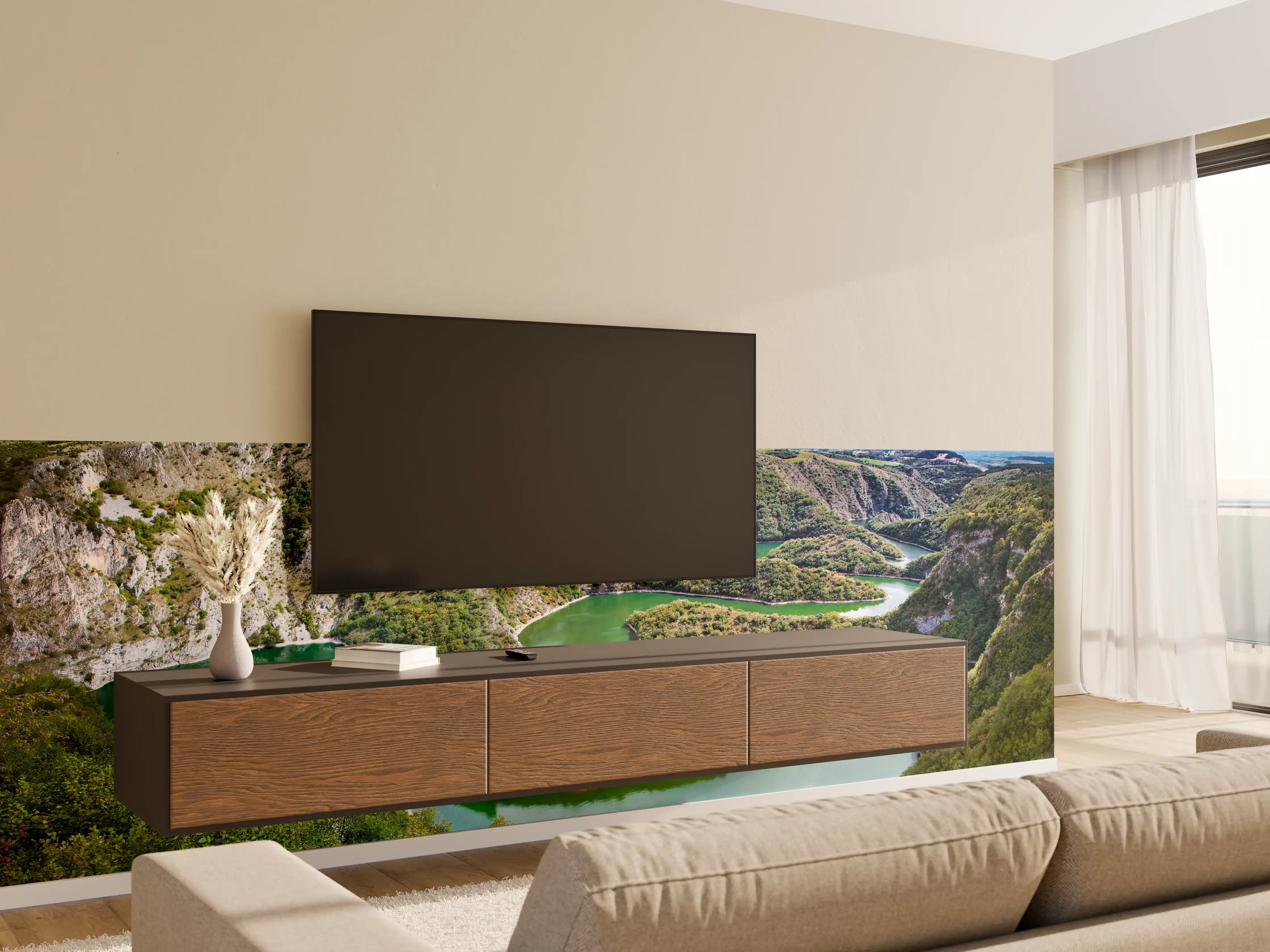 Wandverkleidung Wohnzimmer - Malerische Flusslandschaft mit Schleife