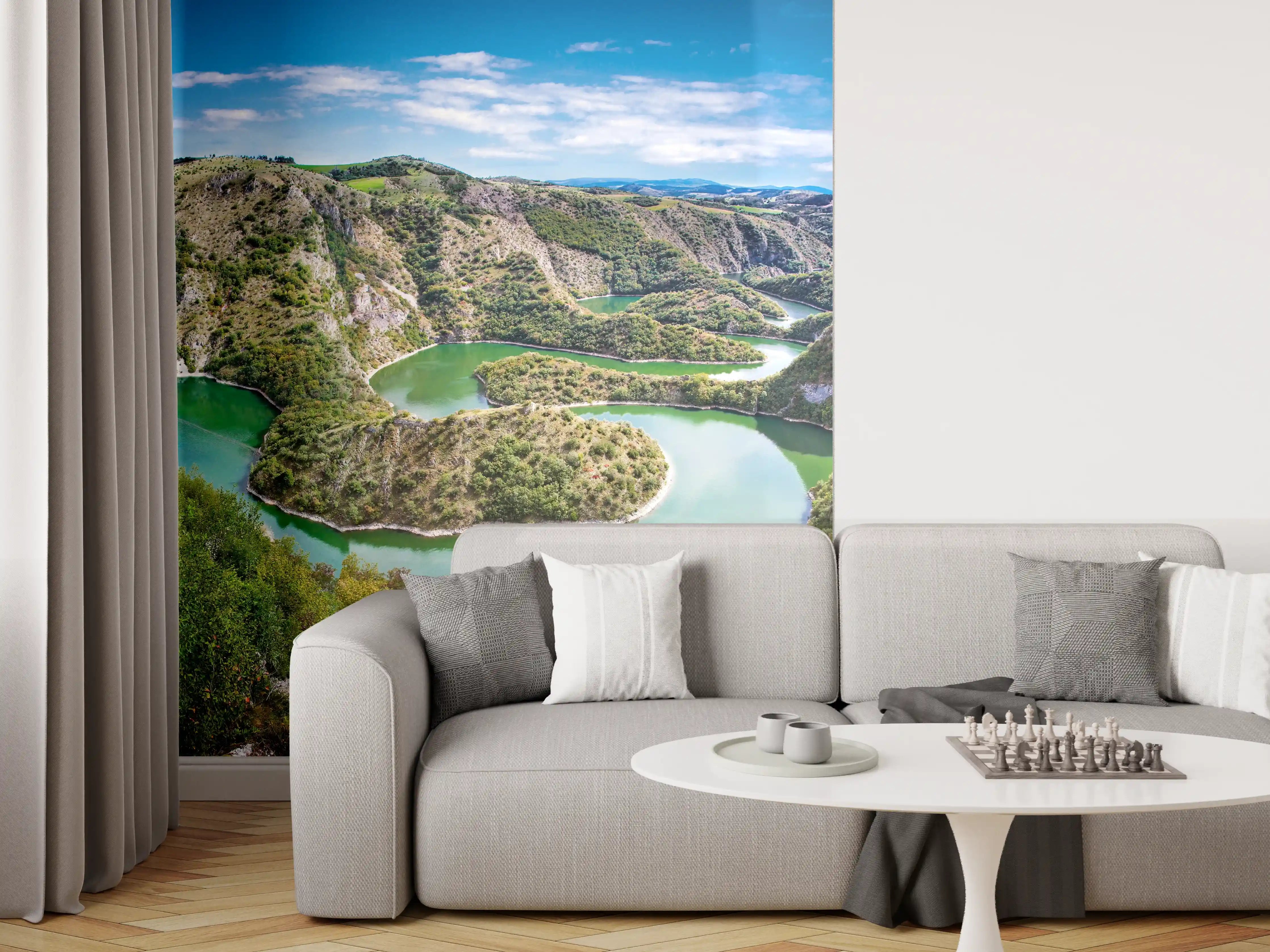 Wandverkleidung Wohnzimmer - Malerische Flusslandschaft mit Schleife