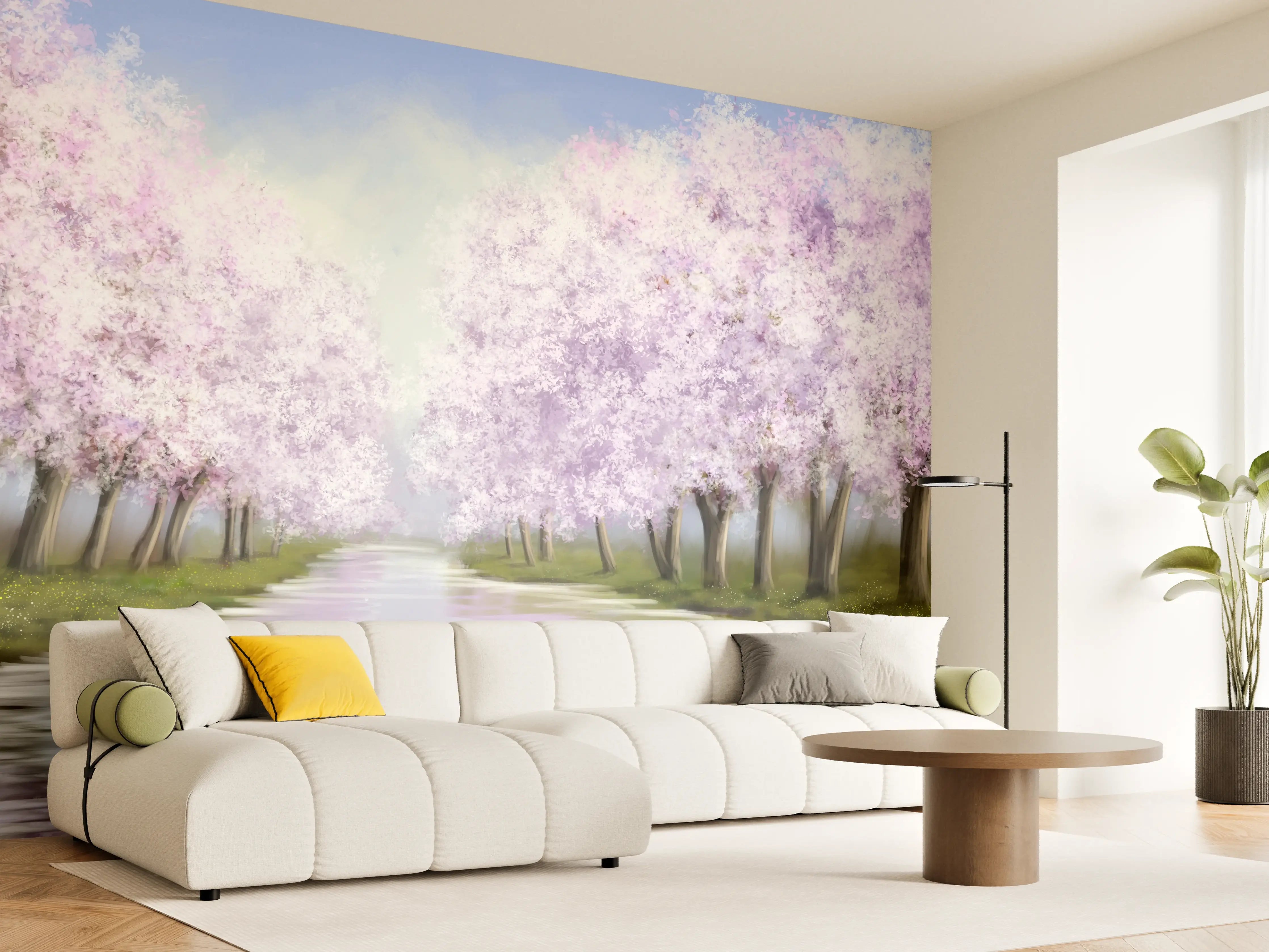 Wandverkleidung Wohnzimmer - Malerische Flusslandschaft mit blühenden Bäumen