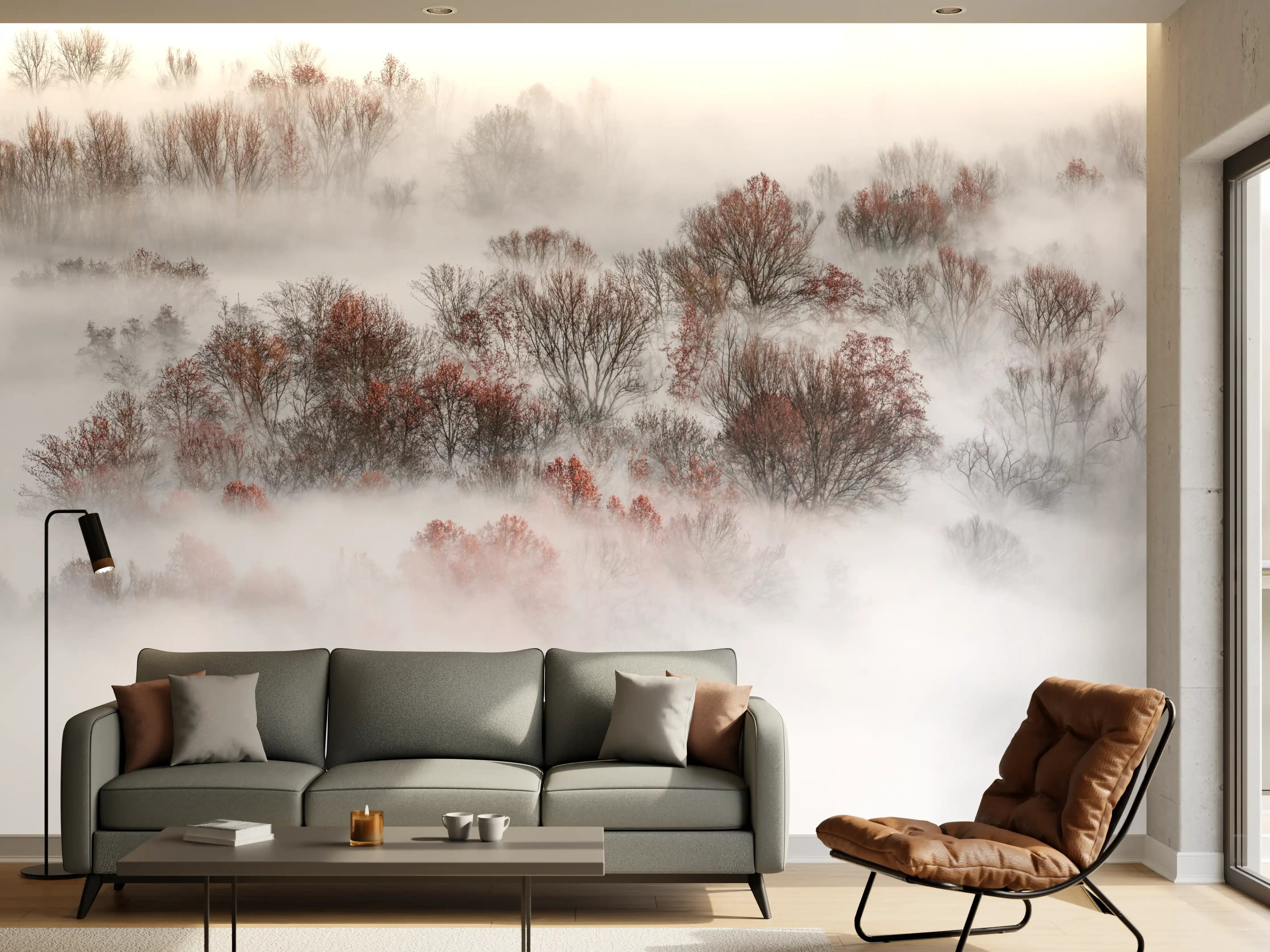 Wandverkleidung Wohnzimmer - Malerische Nebelwald-Landschaft mit Bäumen