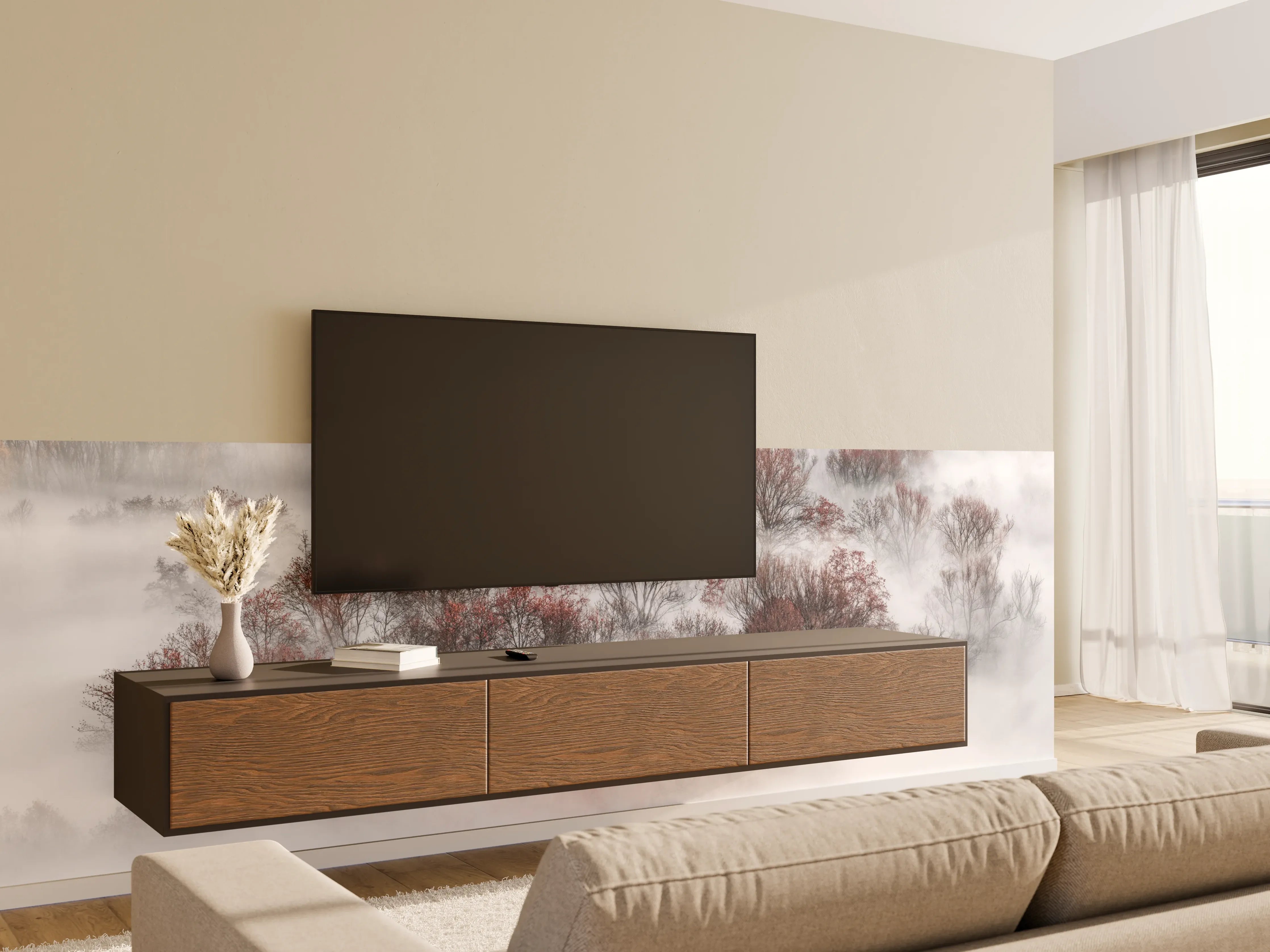 Wandverkleidung Wohnzimmer - Malerische Nebelwald-Landschaft mit Bäumen