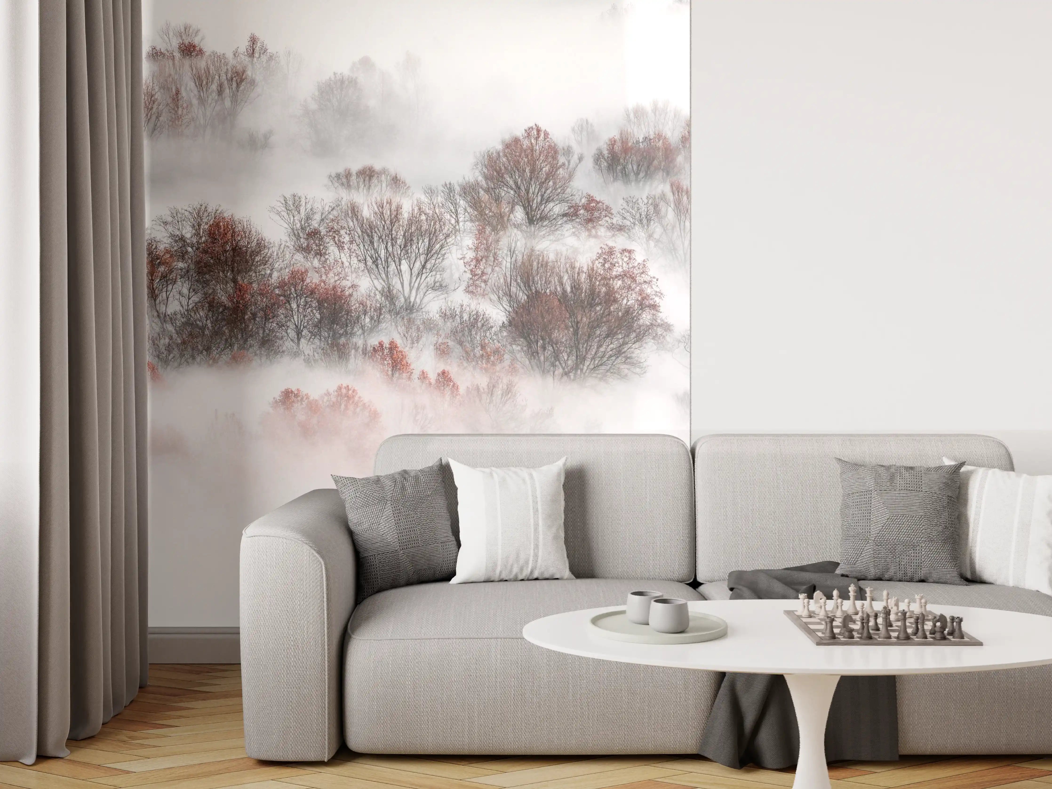 Wandverkleidung Wohnzimmer - Malerische Nebelwald-Landschaft mit Bäumen