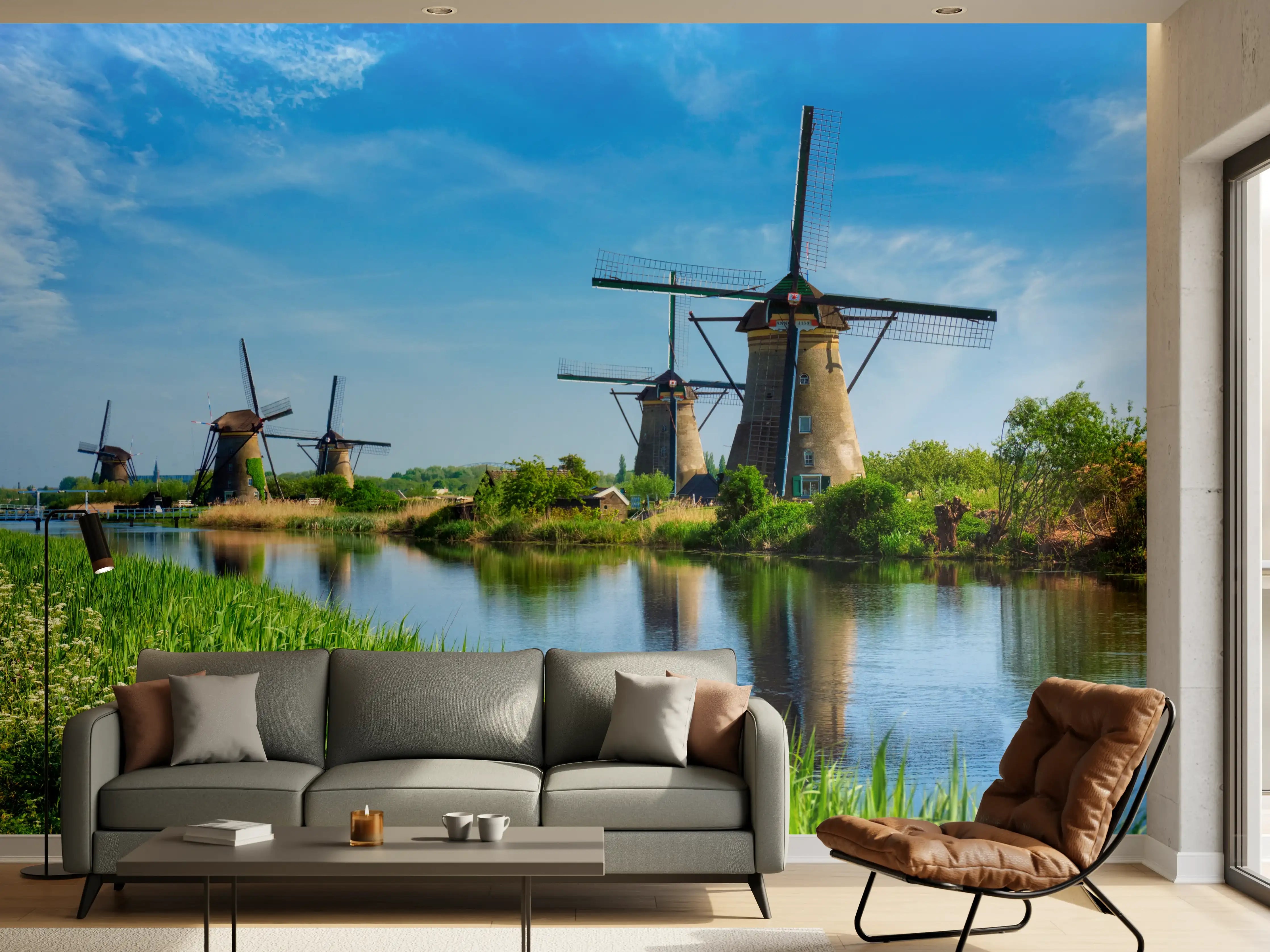 Wandverkleidung Wohnzimmer - Malerische Windmühlenlandschaft