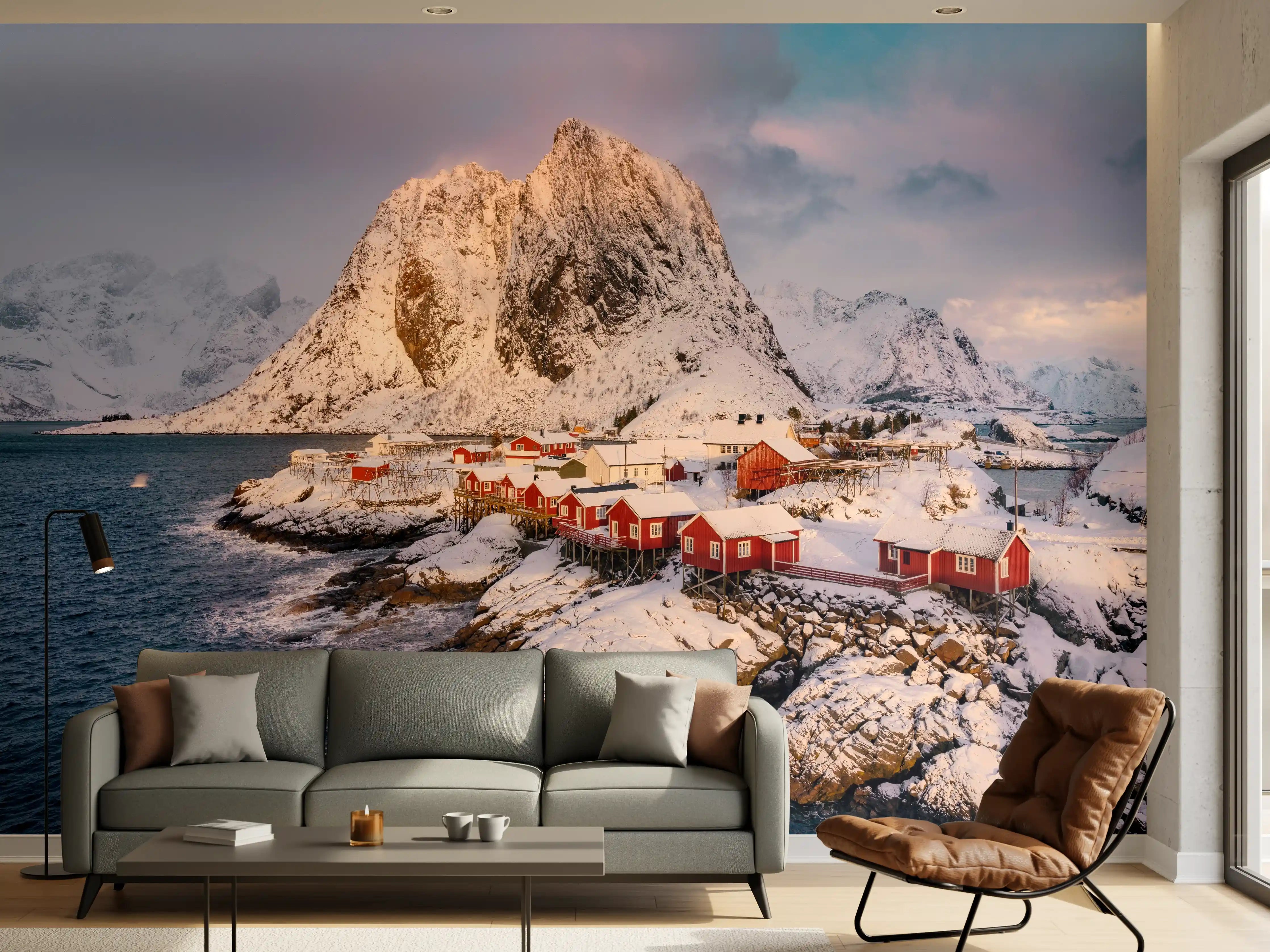 Wandverkleidung Wohnzimmer - Malerische Winterhütten am Fjord