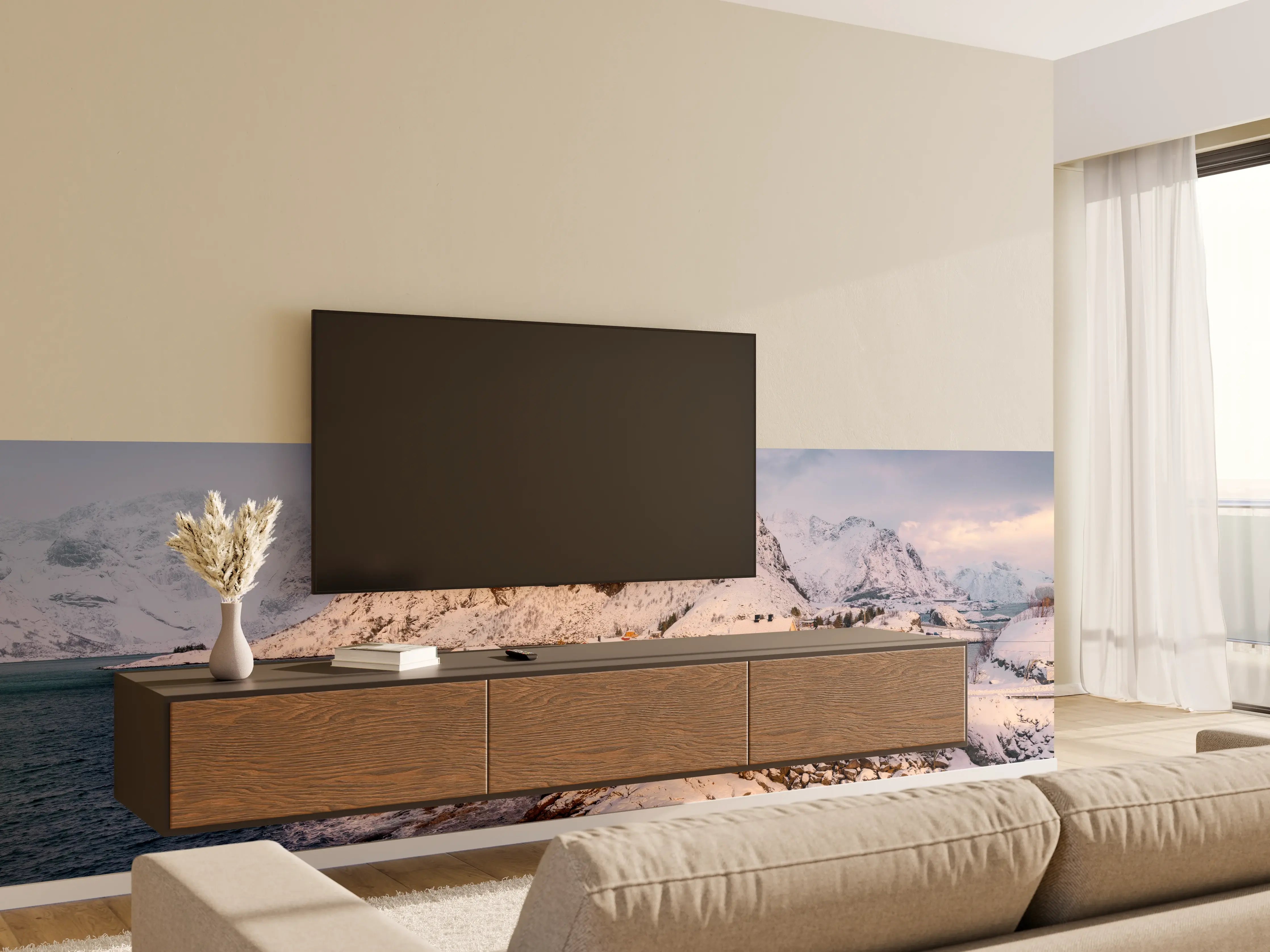 Wandverkleidung Wohnzimmer - Malerische Winterhütten am Fjord