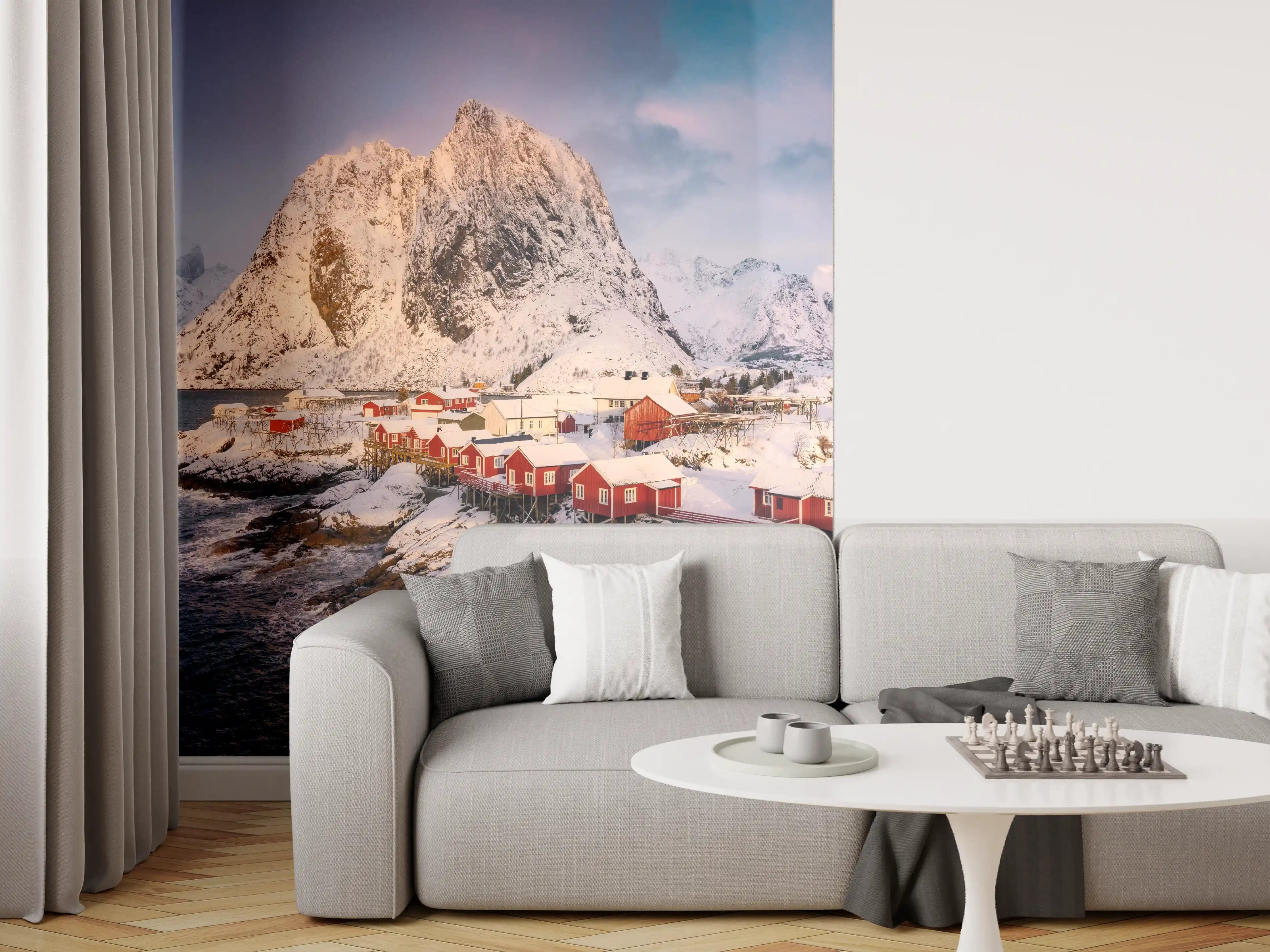 Wandverkleidung Wohnzimmer - Malerische Winterhütten am Fjord
