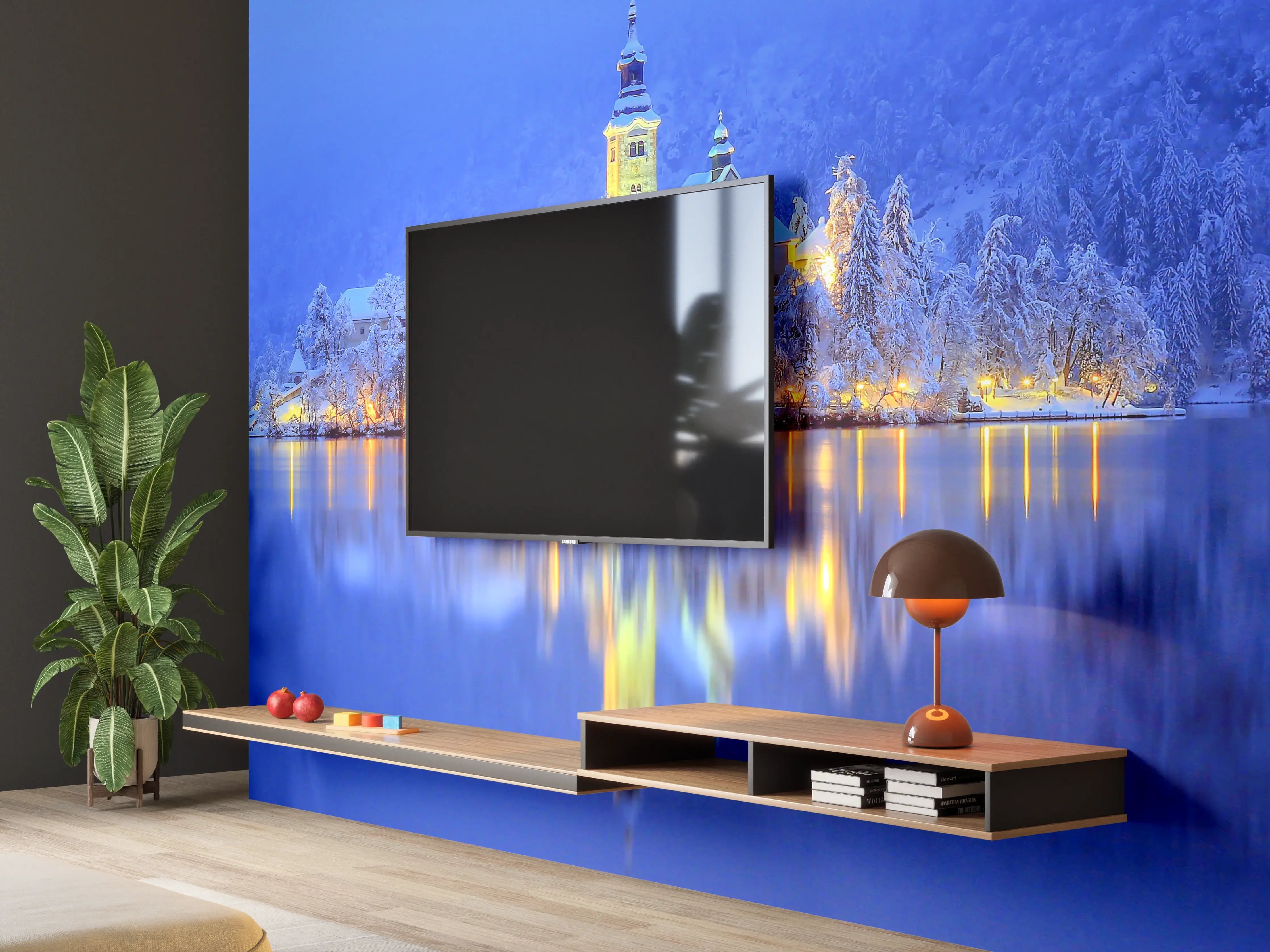 Wandverkleidung Wohnzimmer - Malerische Winterlandschaft mit Kirche am See