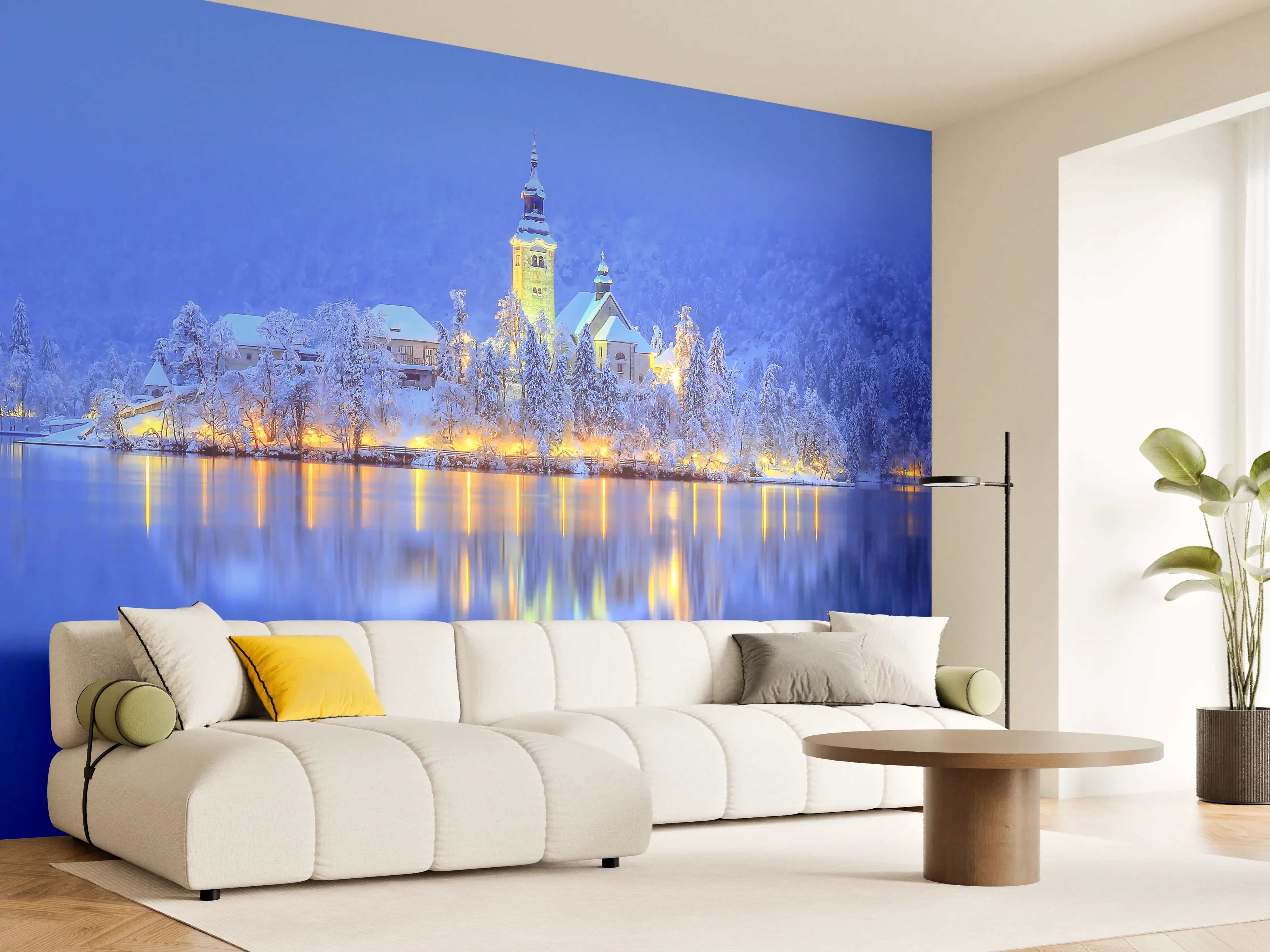 Wandverkleidung Wohnzimmer - Malerische Winterlandschaft mit Kirche am See