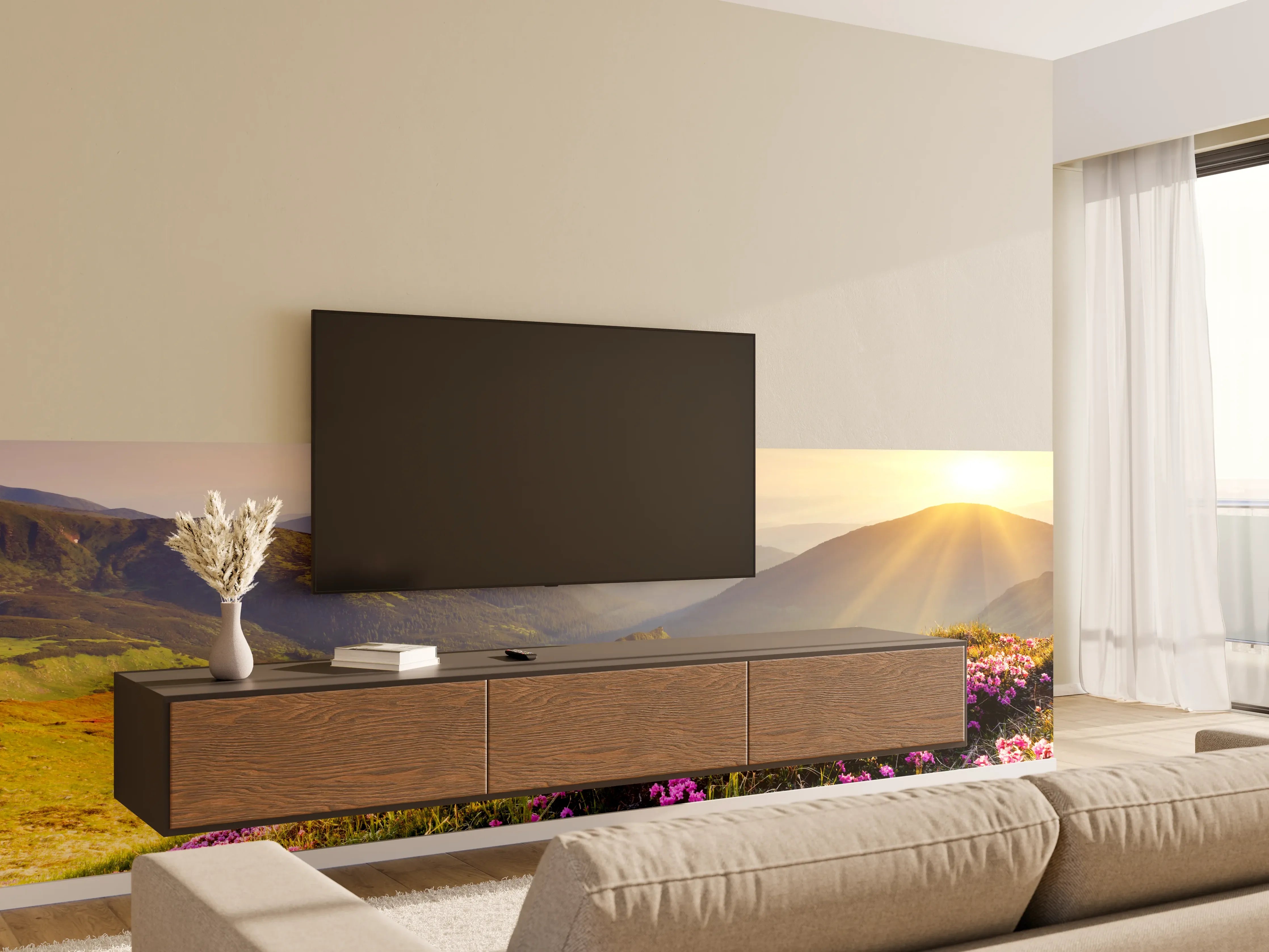 Wandverkleidung Wohnzimmer - Malerischer Sonnenaufgang über blühender Berglandschaft
