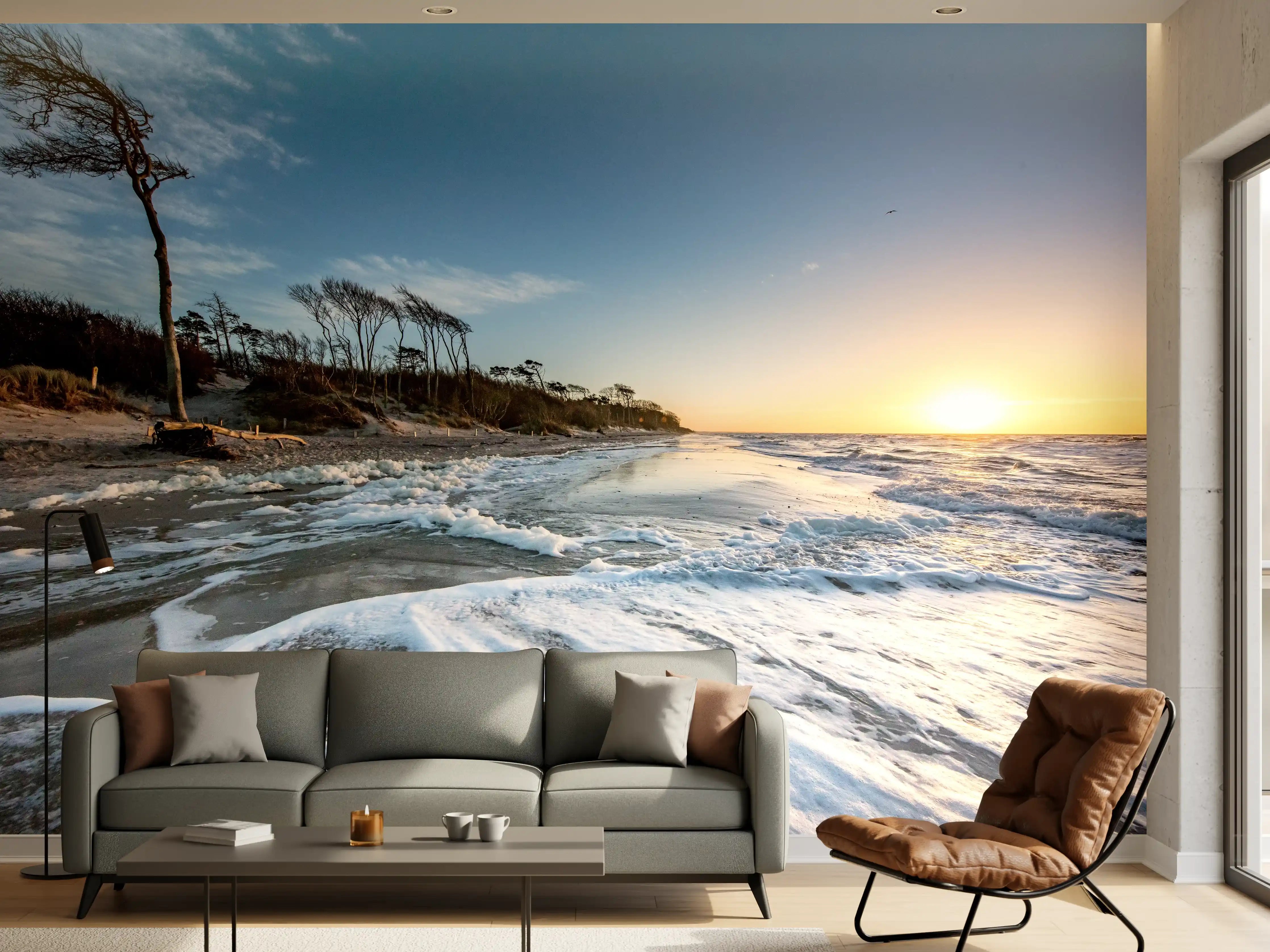 Wandverkleidung Wohnzimmer - Malerischer Sonnenuntergang am Strand mit Meereswellen