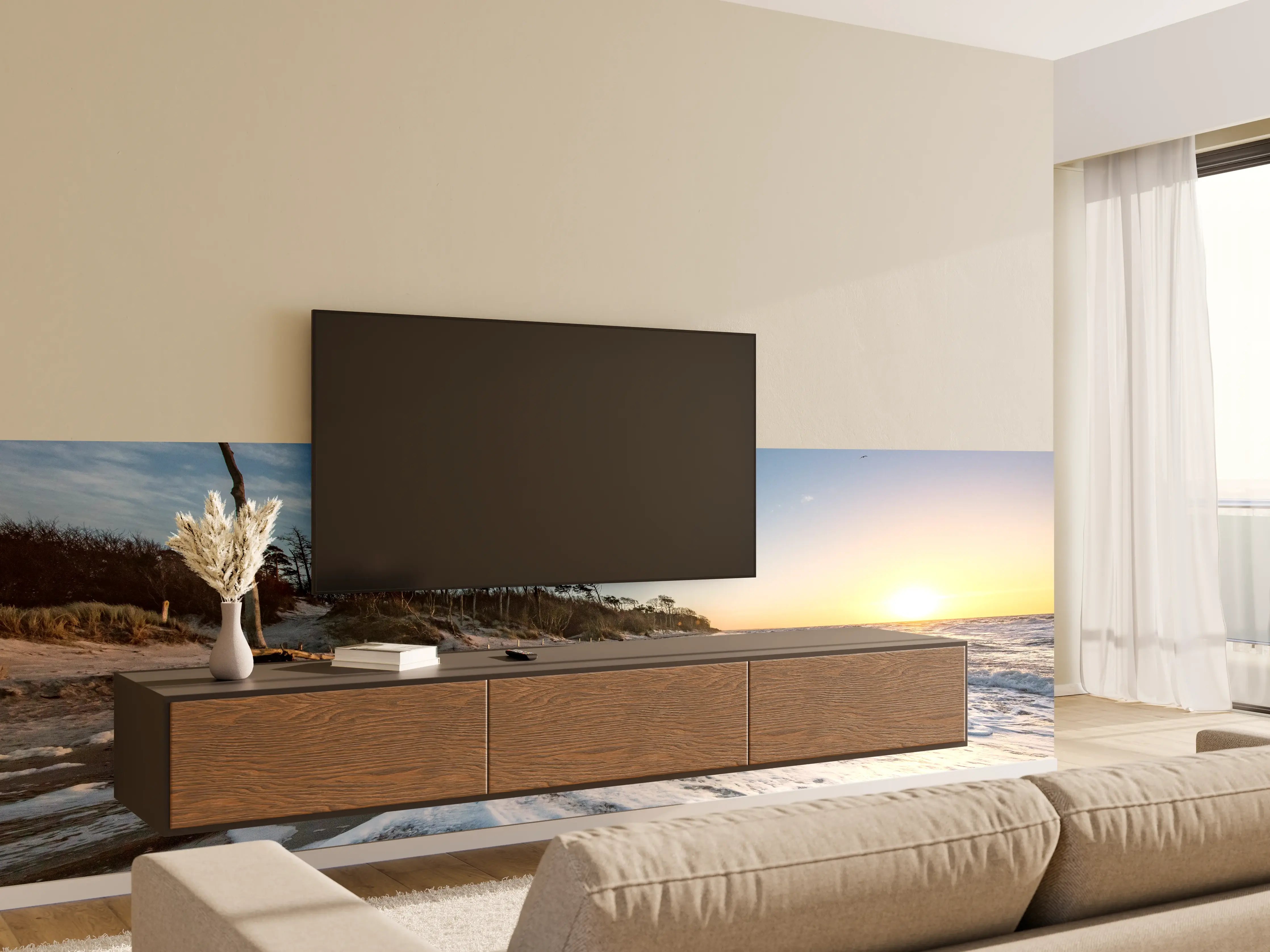 Wandverkleidung Wohnzimmer - Malerischer Sonnenuntergang am Strand mit Meereswellen