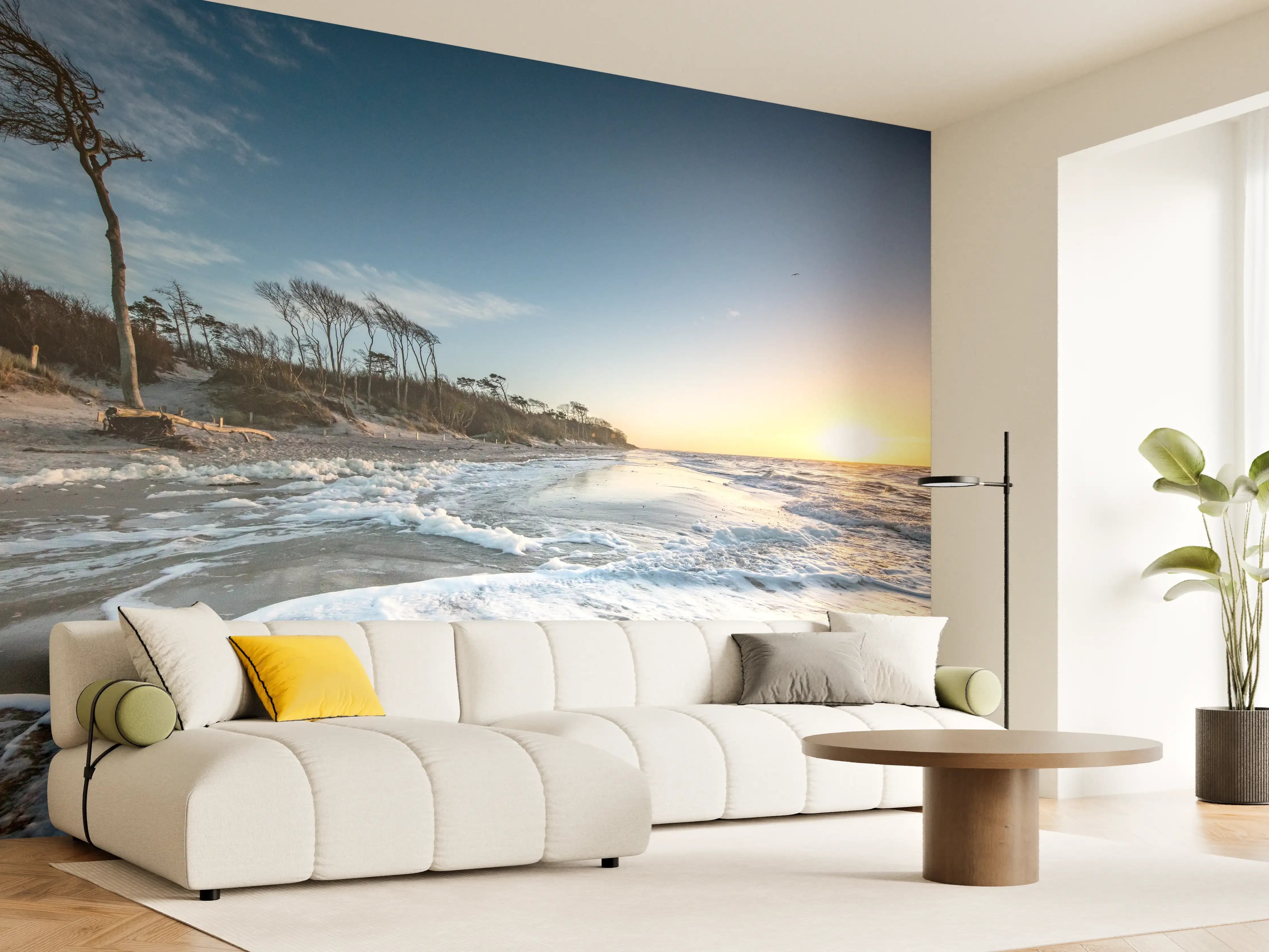 Wandverkleidung Wohnzimmer - Malerischer Sonnenuntergang am Strand mit Meereswellen