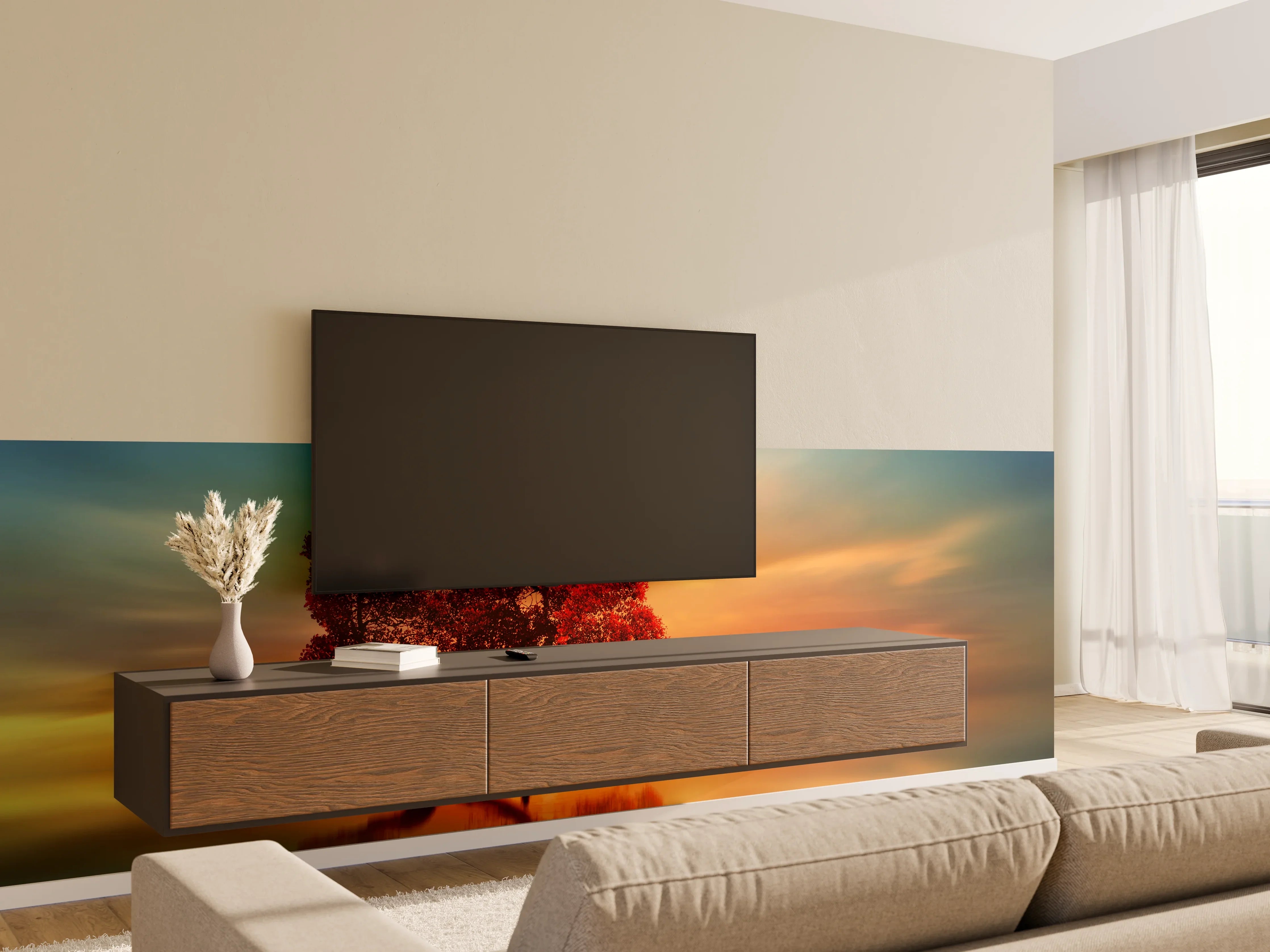 Wandverkleidung Wohnzimmer - Malerischer Sonnenuntergang mit Baum und Boot