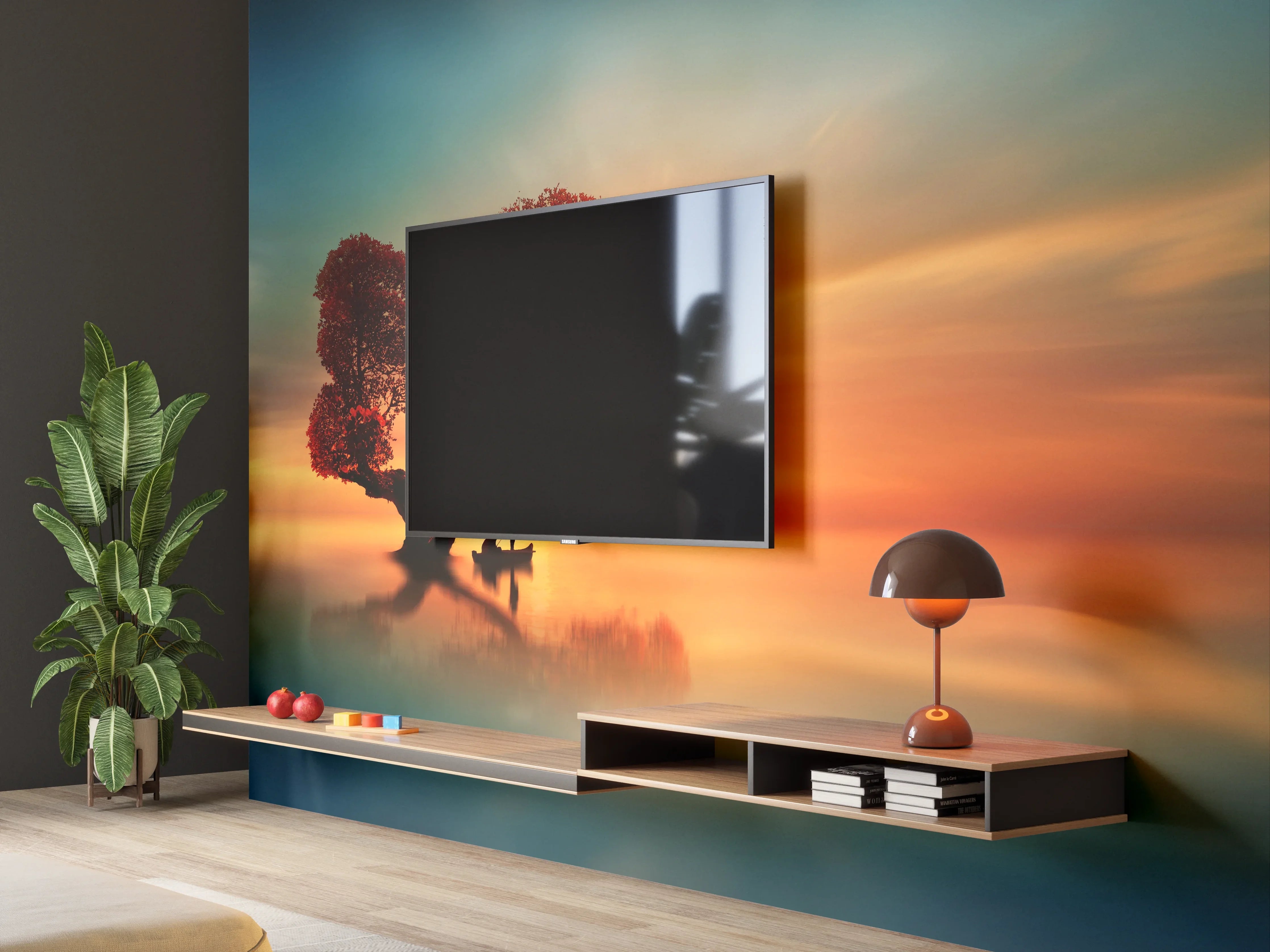 Wandverkleidung Wohnzimmer - Malerischer Sonnenuntergang mit Baum und Boot