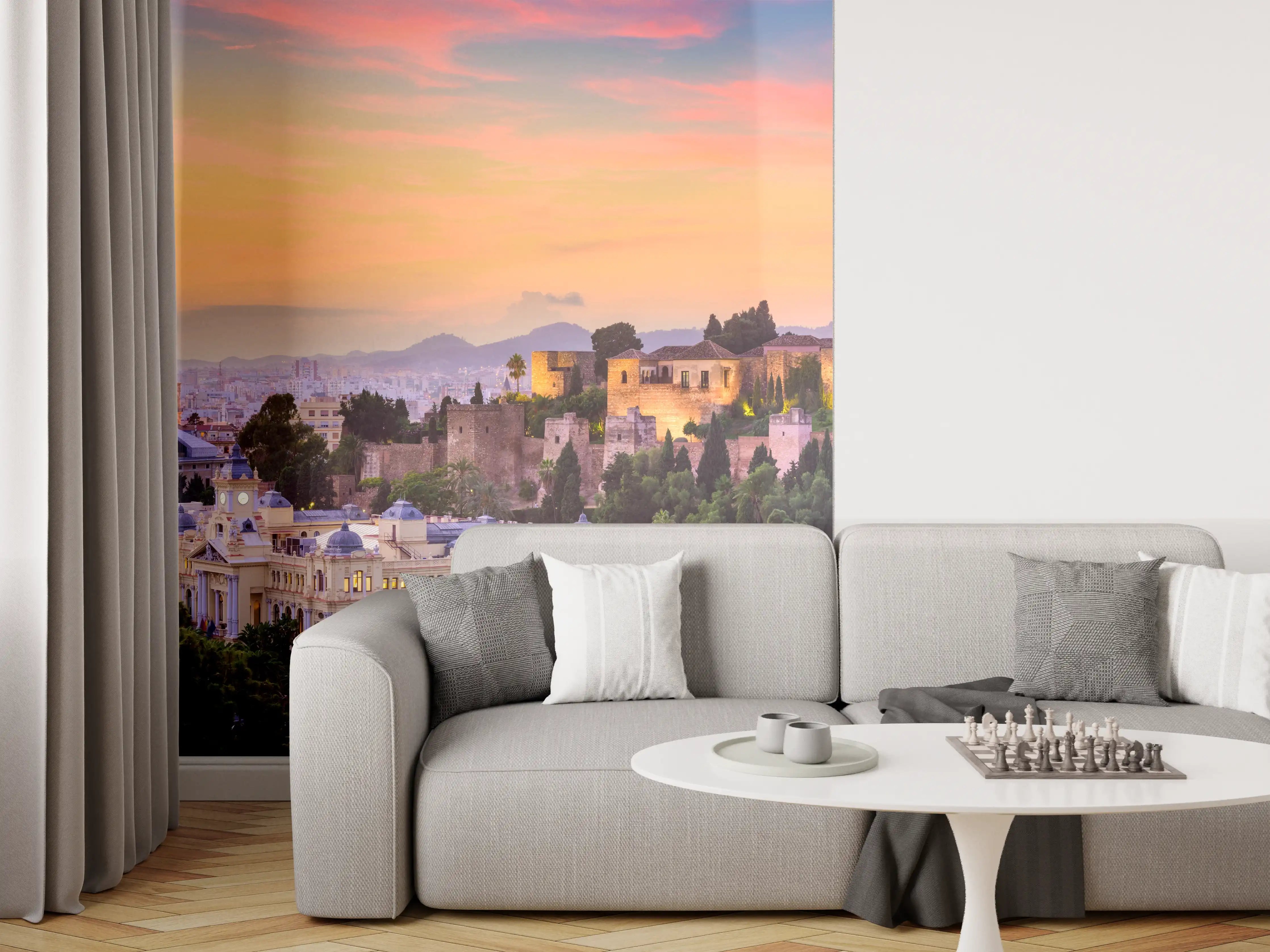 Wandverkleidung Wohnzimmer - Malerischer Sonnenuntergang über der Altstadt