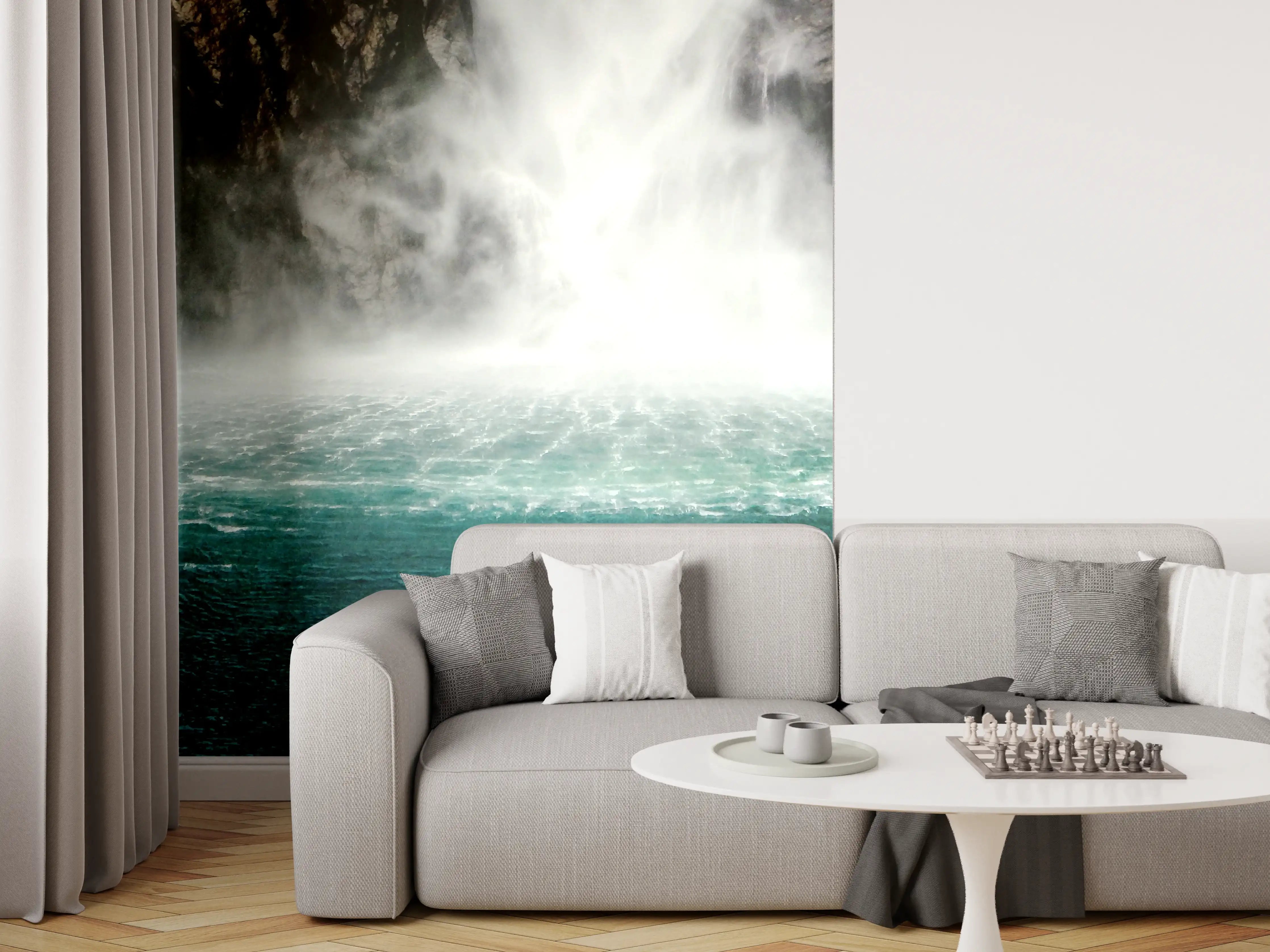 Wandverkleidung Wohnzimmer - Malerischer Wasserfall in natürlicher Umgebung