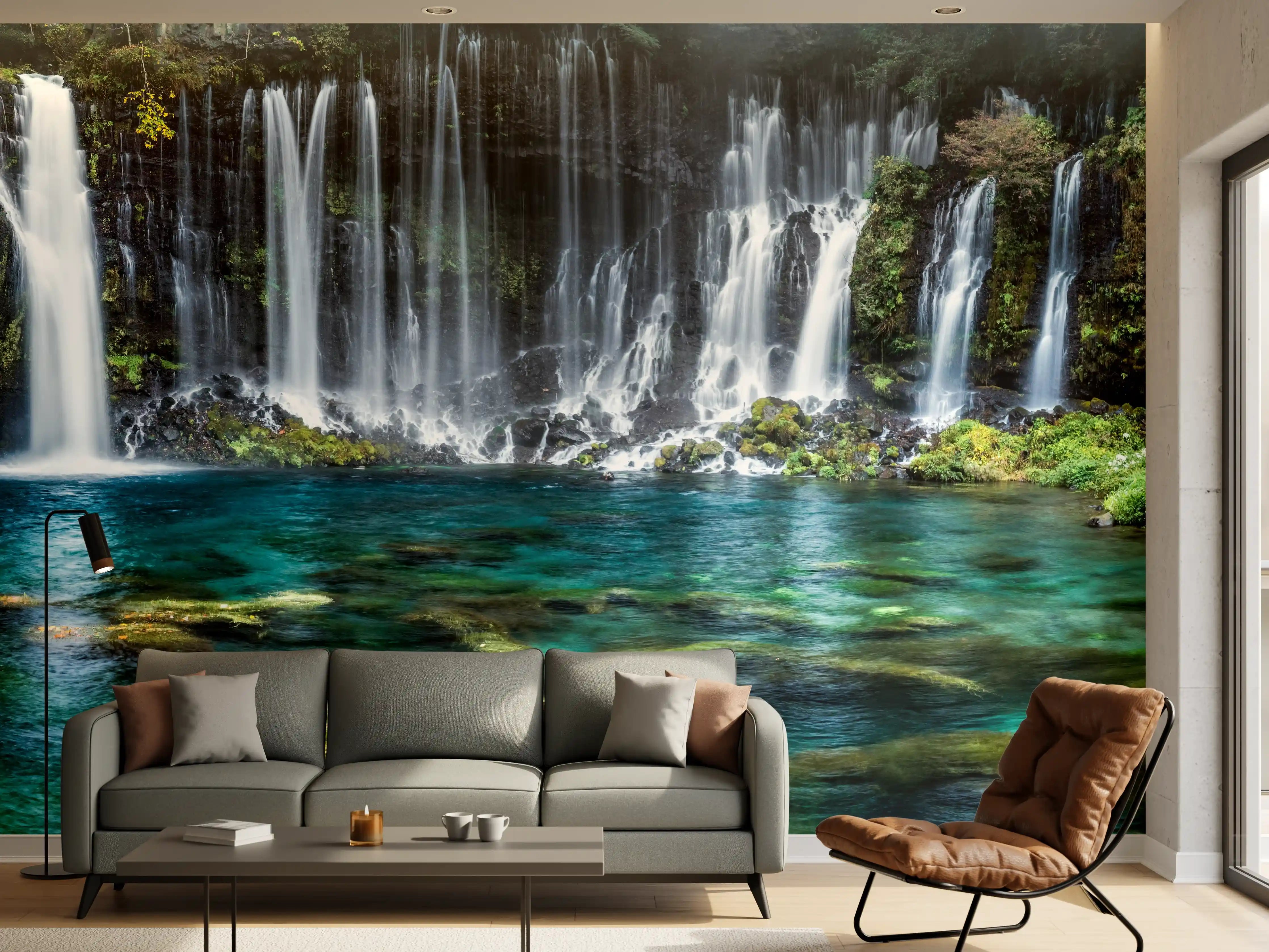 Wandverkleidung Wohnzimmer - Malerischer Wasserfall mit klarem Wasser