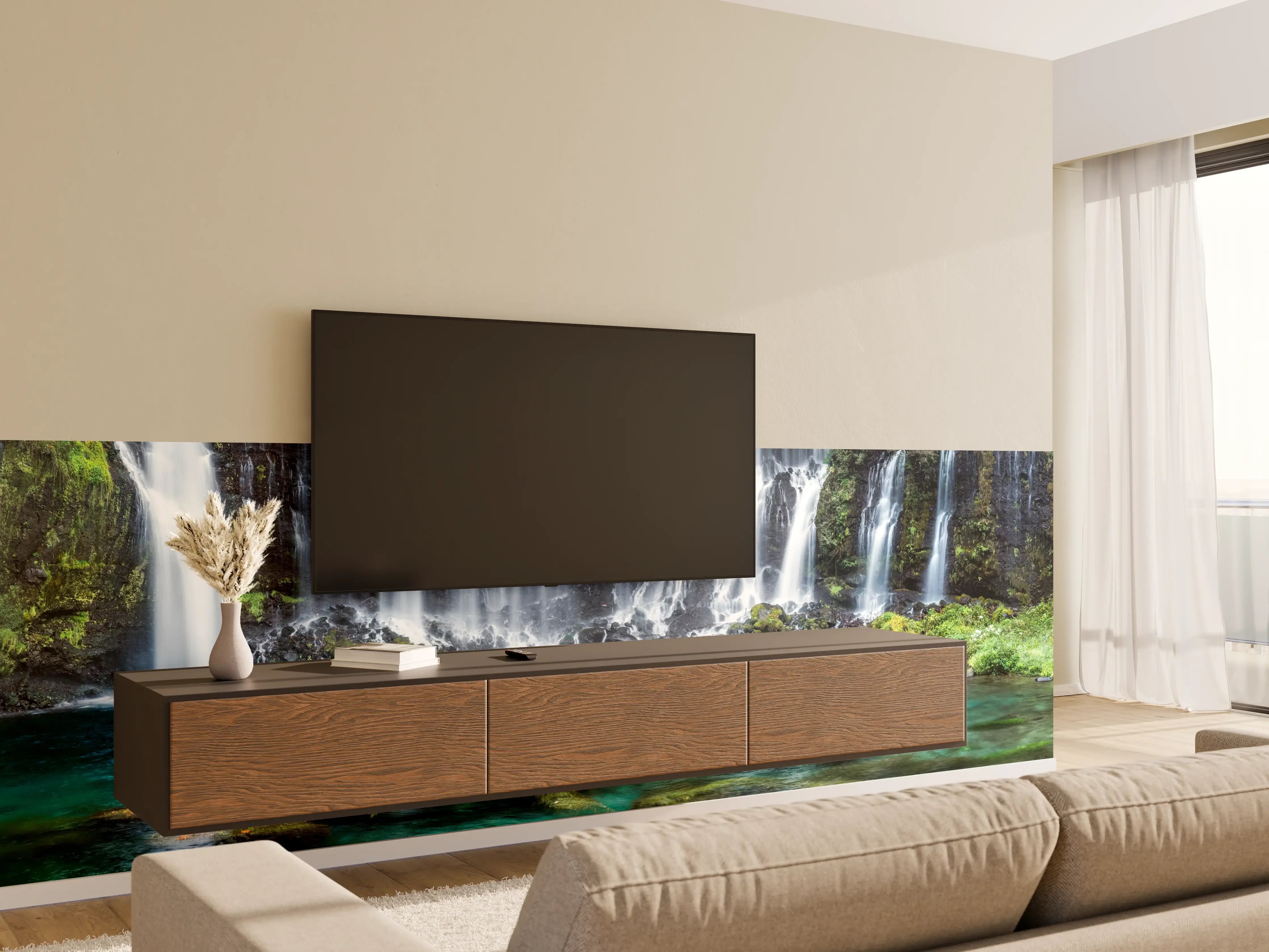 Wandverkleidung Wohnzimmer - Malerischer Wasserfall mit klarem Wasser