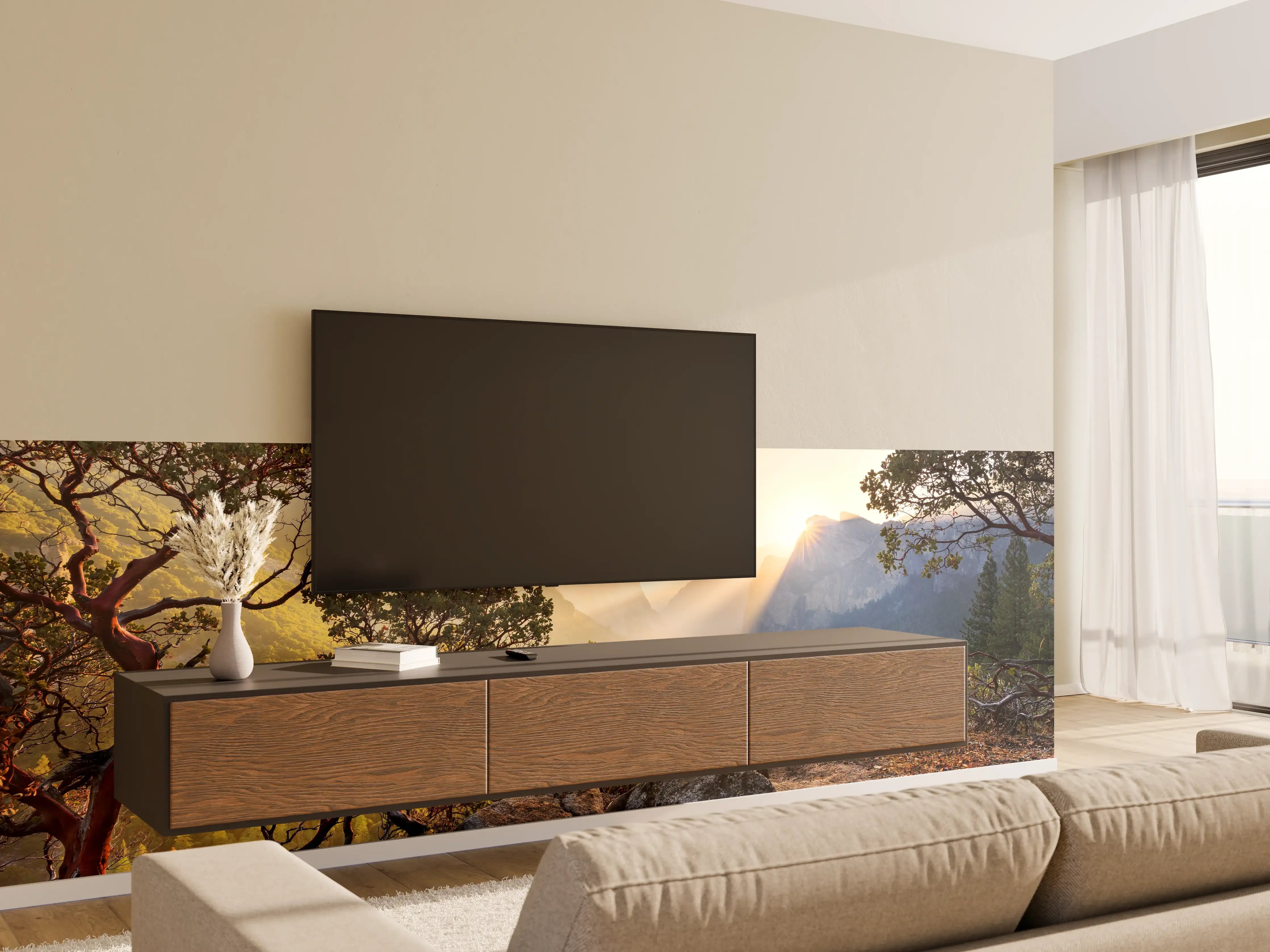 Wandverkleidung Wohnzimmer - Malerisches Bergpanorama beim Sonnenaufgang