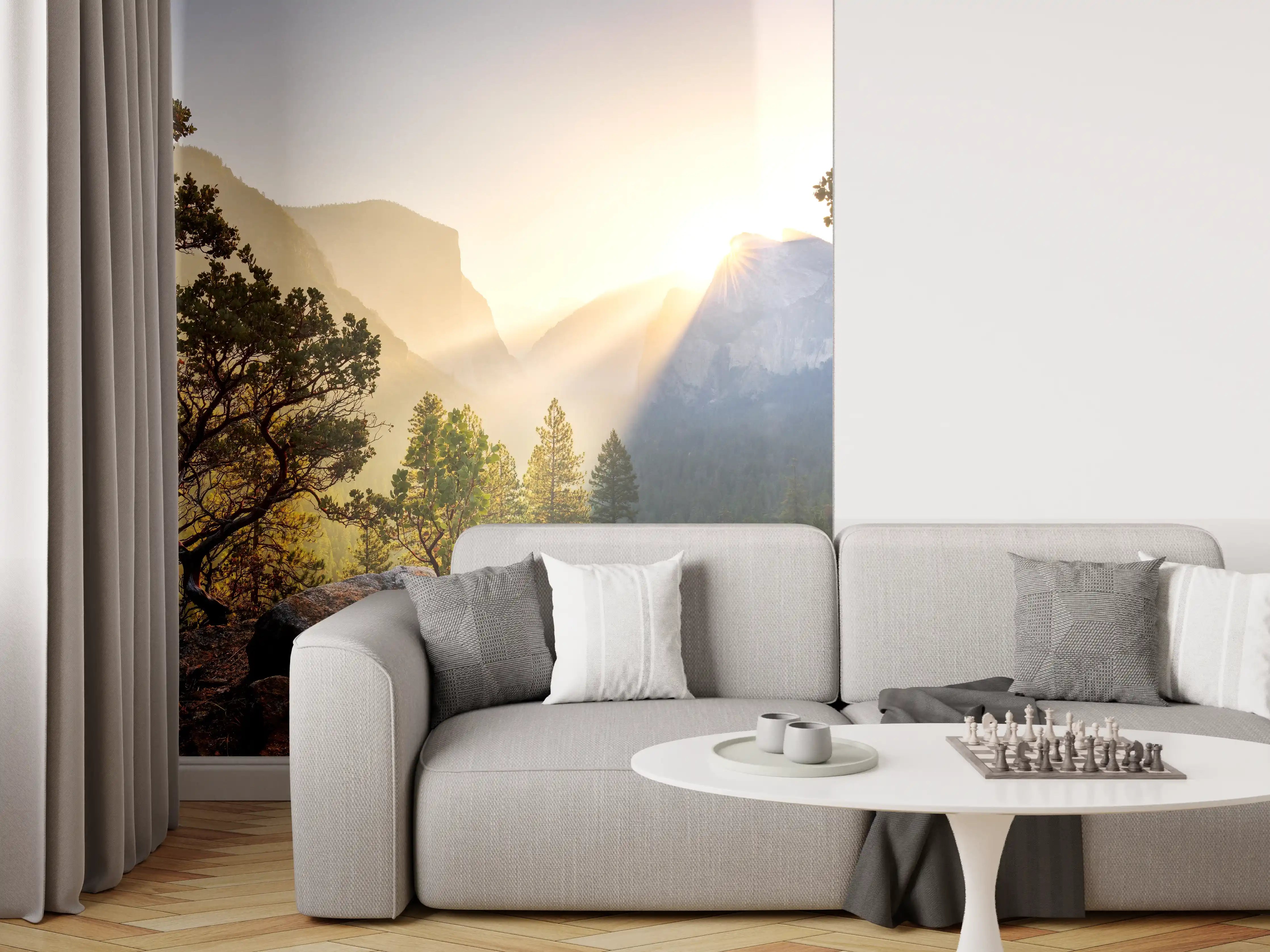 Wandverkleidung Wohnzimmer - Malerisches Bergpanorama beim Sonnenaufgang