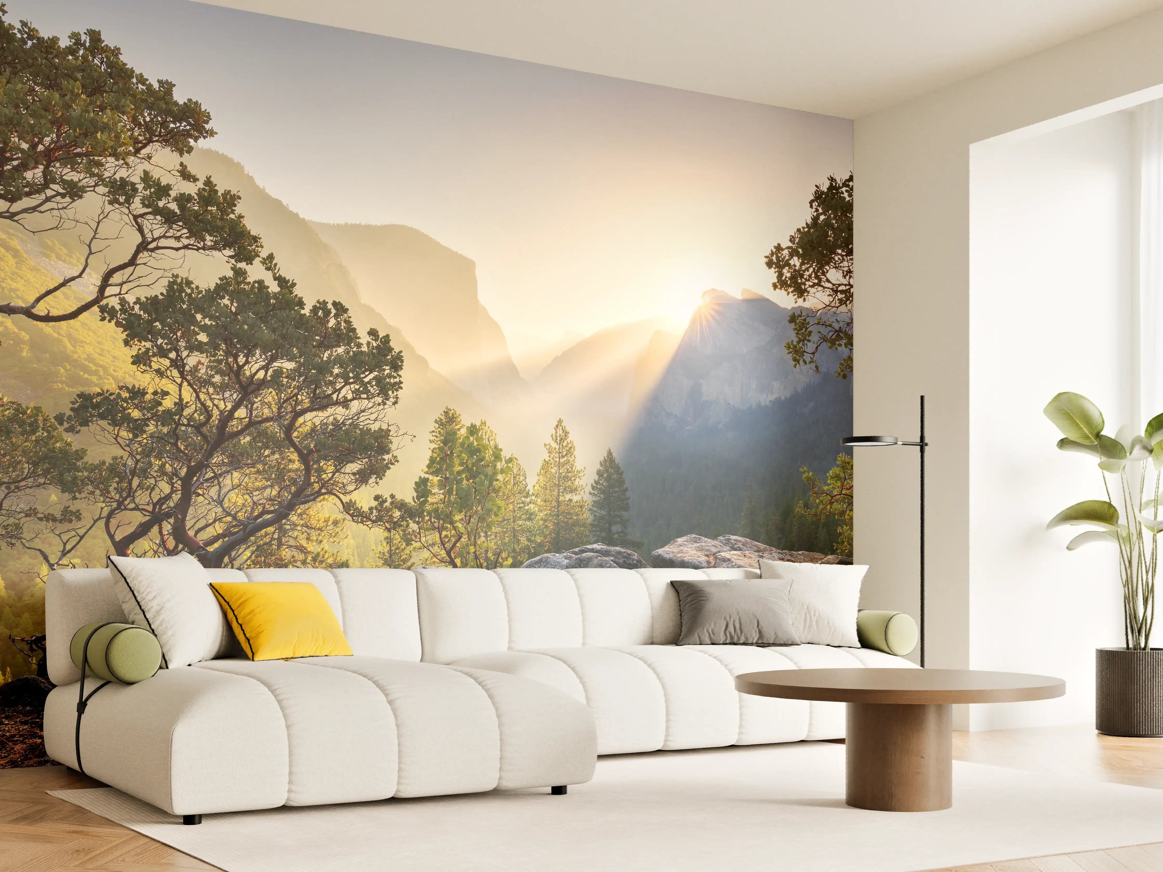 Wandverkleidung Wohnzimmer - Malerisches Bergpanorama beim Sonnenaufgang