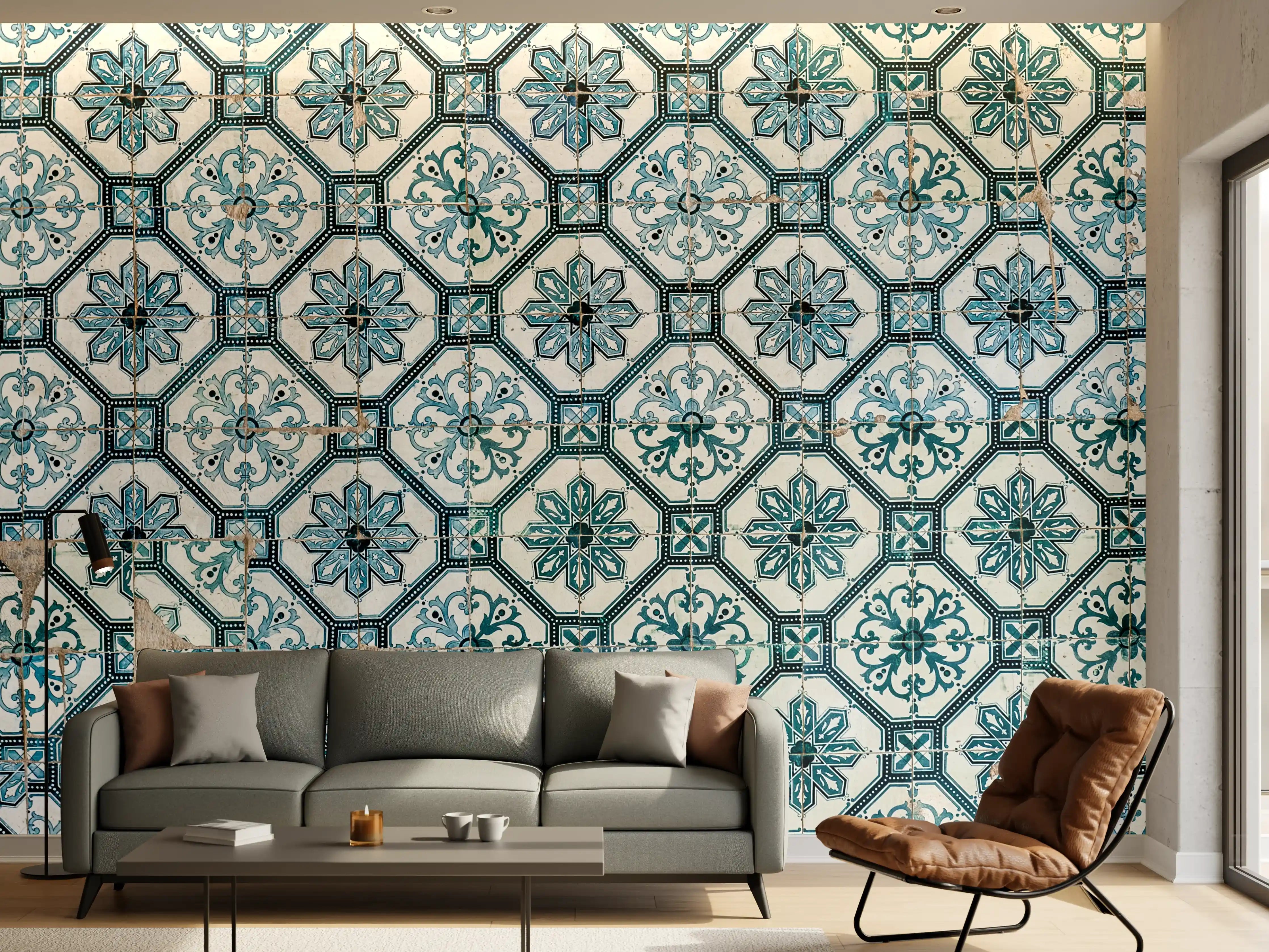 Wandverkleidung Wohnzimmer - Malerisches Fliesenmuster in Blau und Weiß