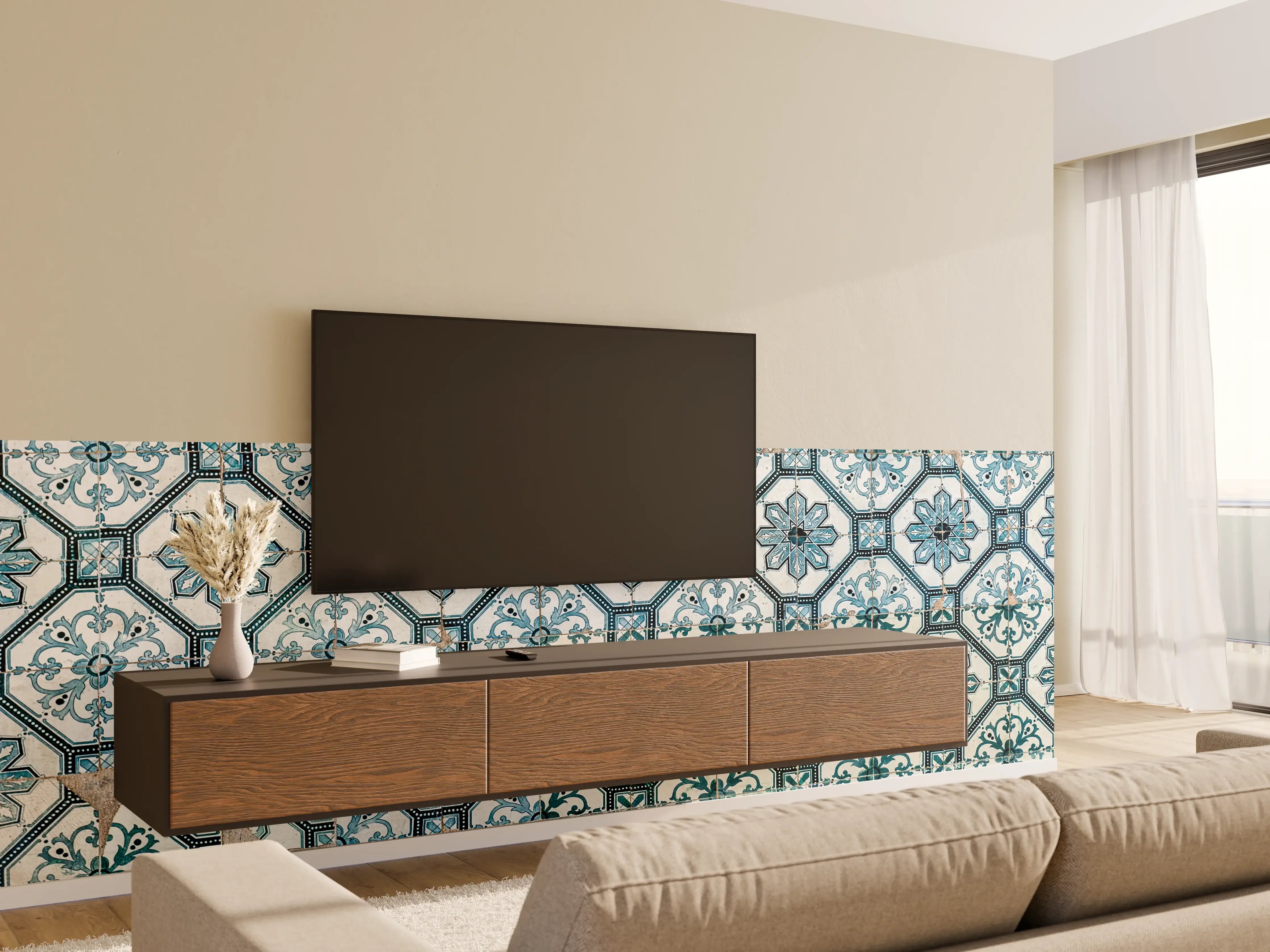 Wandverkleidung Wohnzimmer - Malerisches Fliesenmuster in Blau und Weiß
