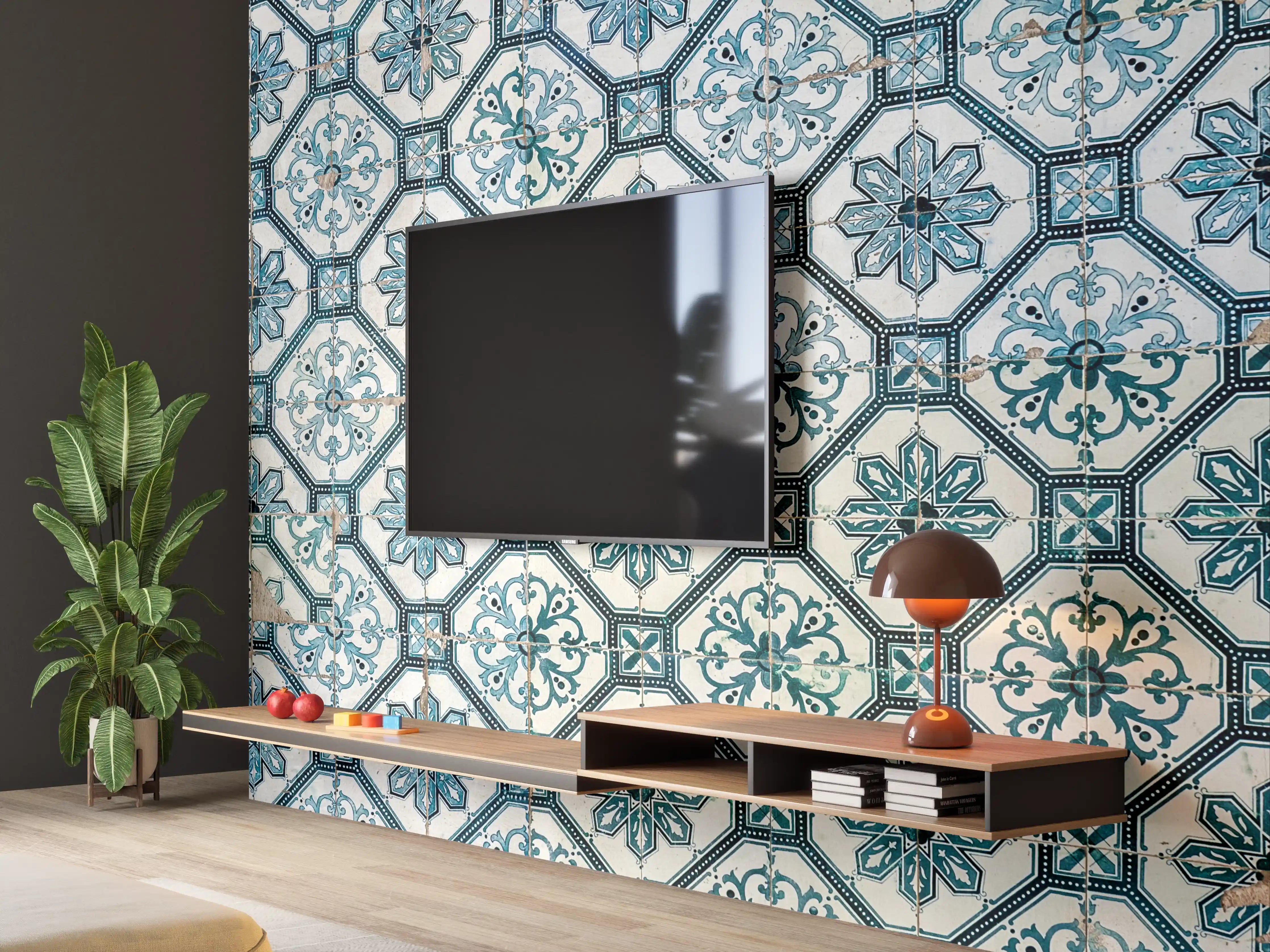 Wandverkleidung Wohnzimmer - Malerisches Fliesenmuster in Blau und Weiß