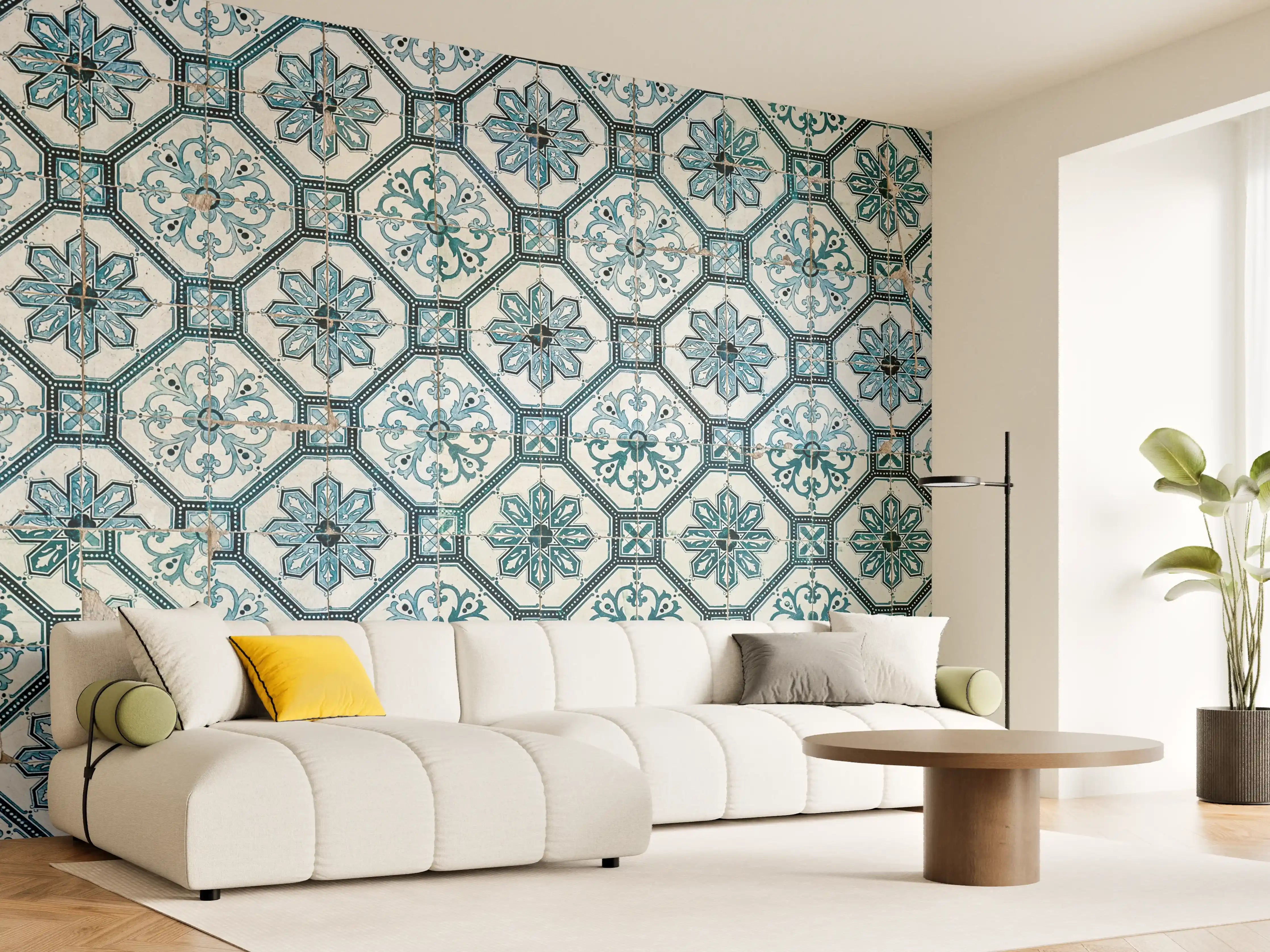 Wandverkleidung Wohnzimmer - Malerisches Fliesenmuster in Blau und Weiß