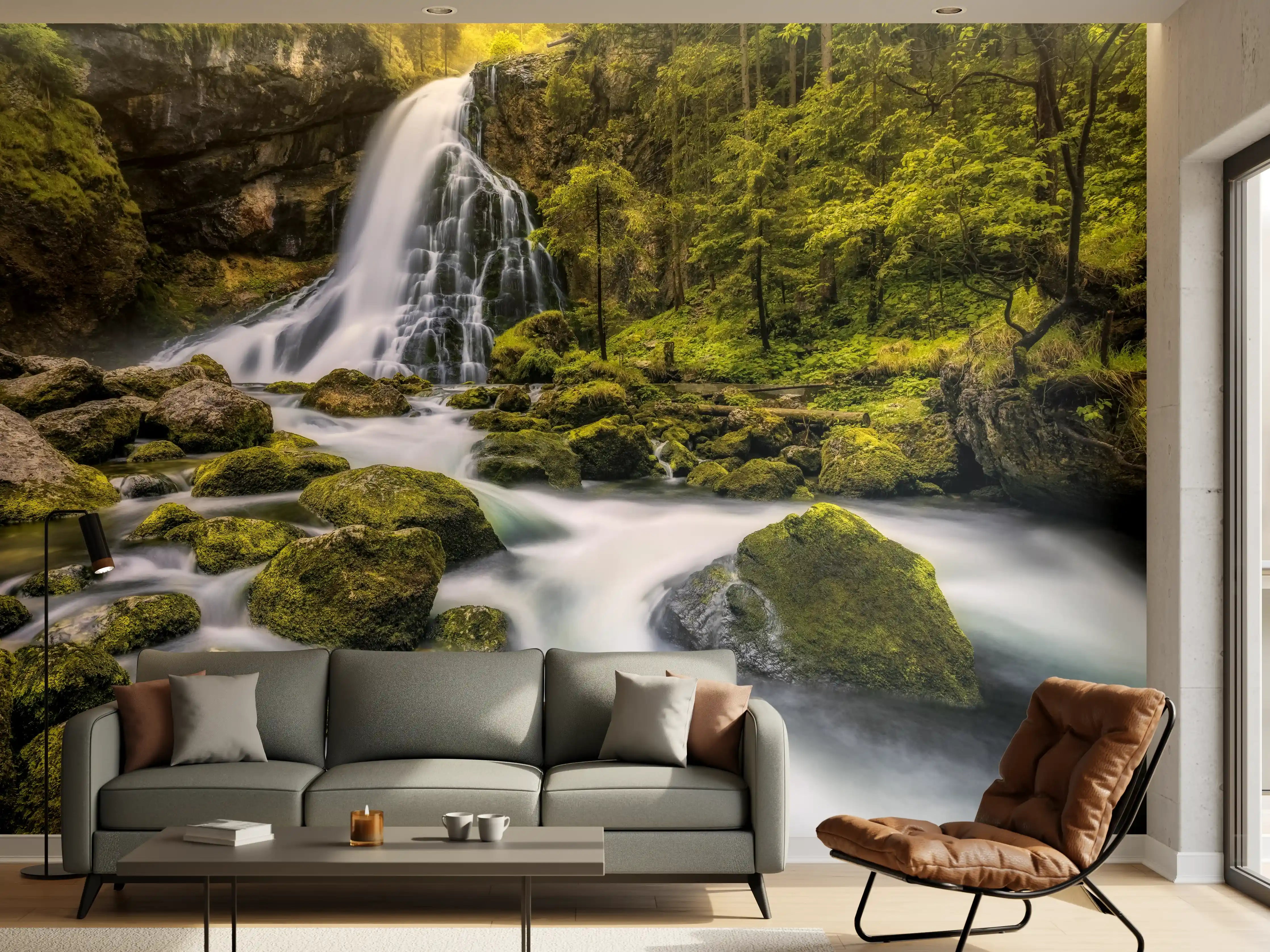 Wandverkleidung Wohnzimmer - Malersiche Wasserfall-Landschaft