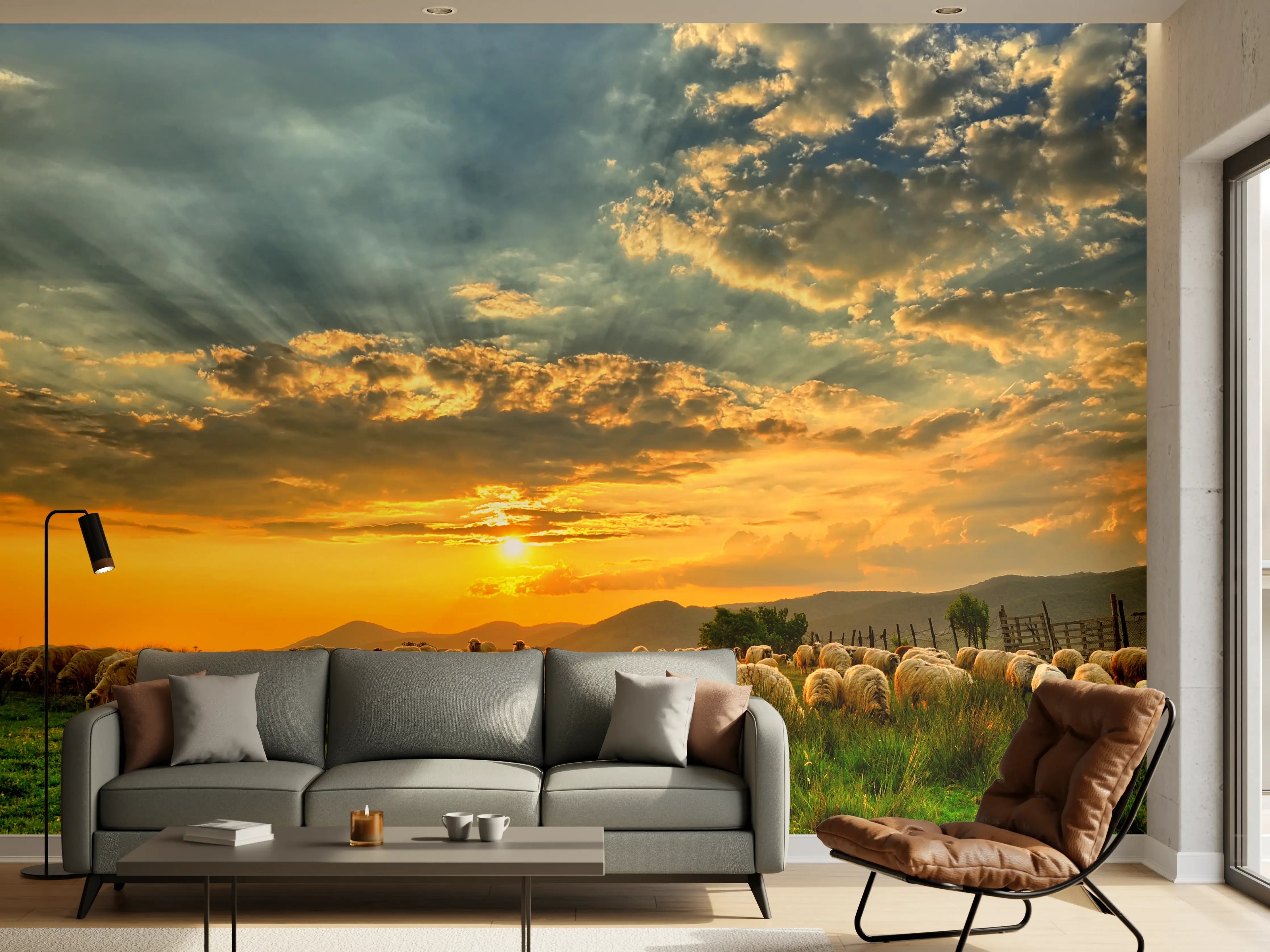 Wandverkleidung Wohnzimmer - Malersischer Sonnenuntergang über der Weidelandschaft mit Schafen
