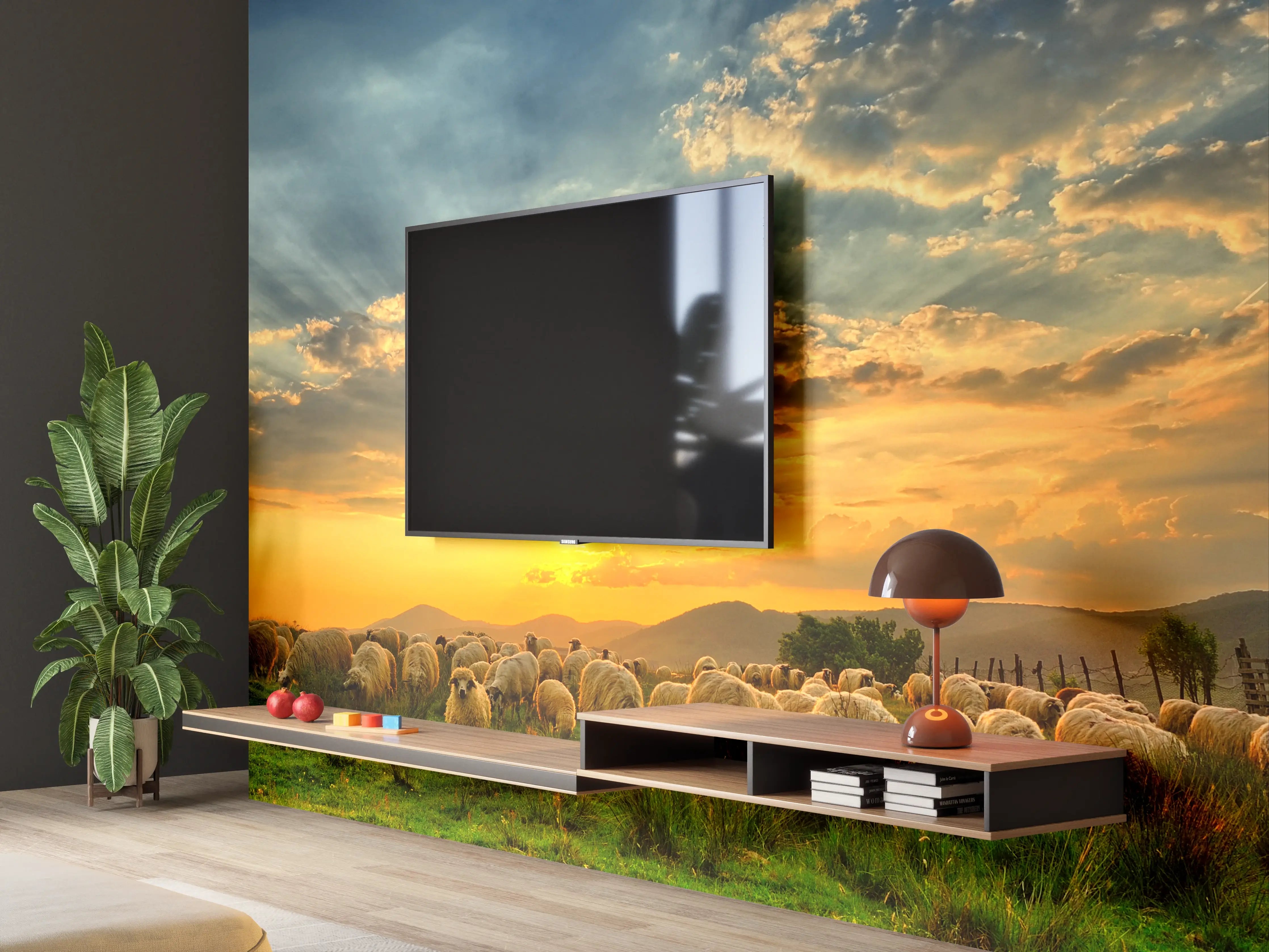 Wandverkleidung Wohnzimmer - Malersischer Sonnenuntergang über der Weidelandschaft mit Schafen
