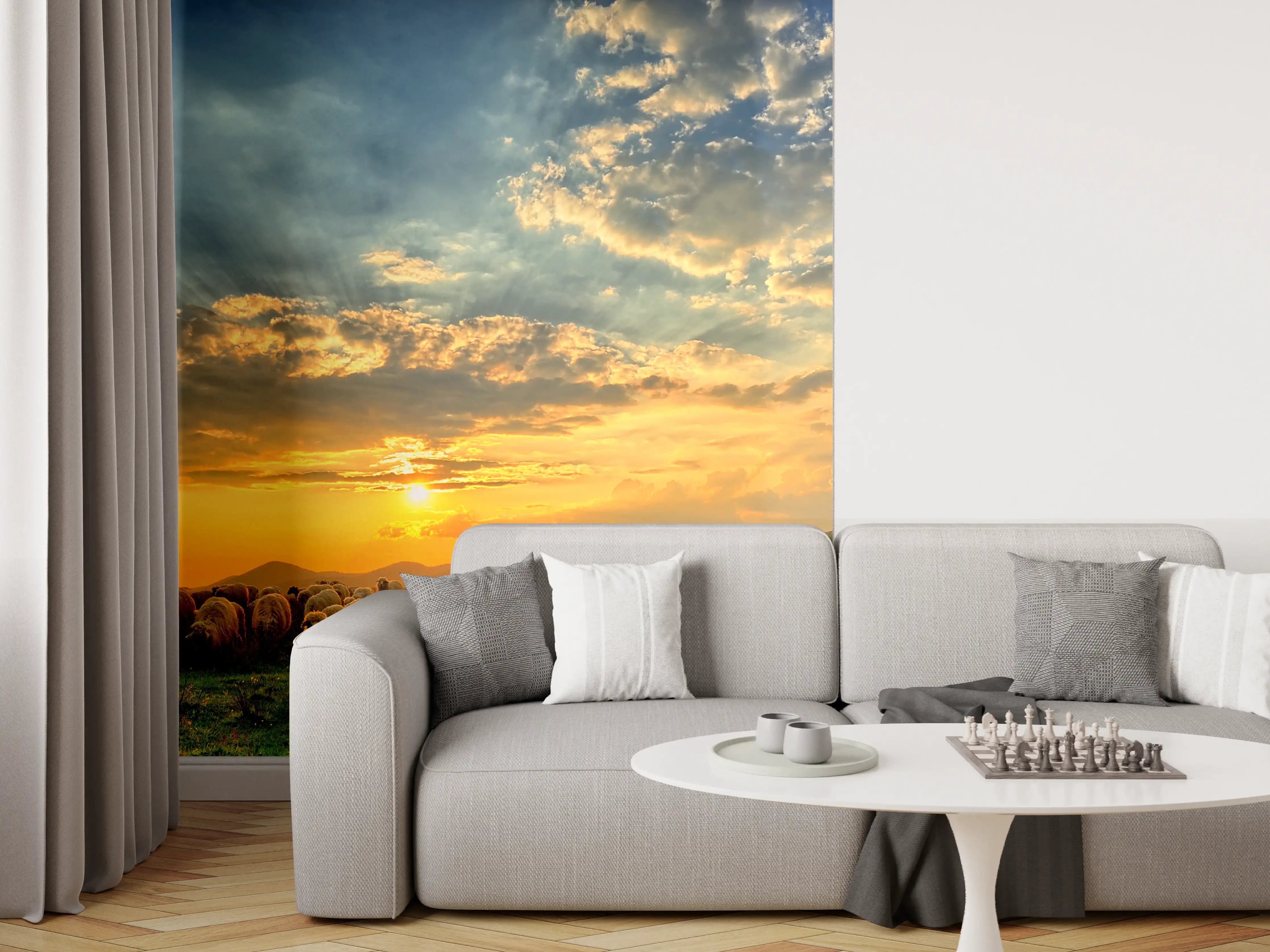 Wandverkleidung Wohnzimmer - Malersischer Sonnenuntergang über der Weidelandschaft mit Schafen