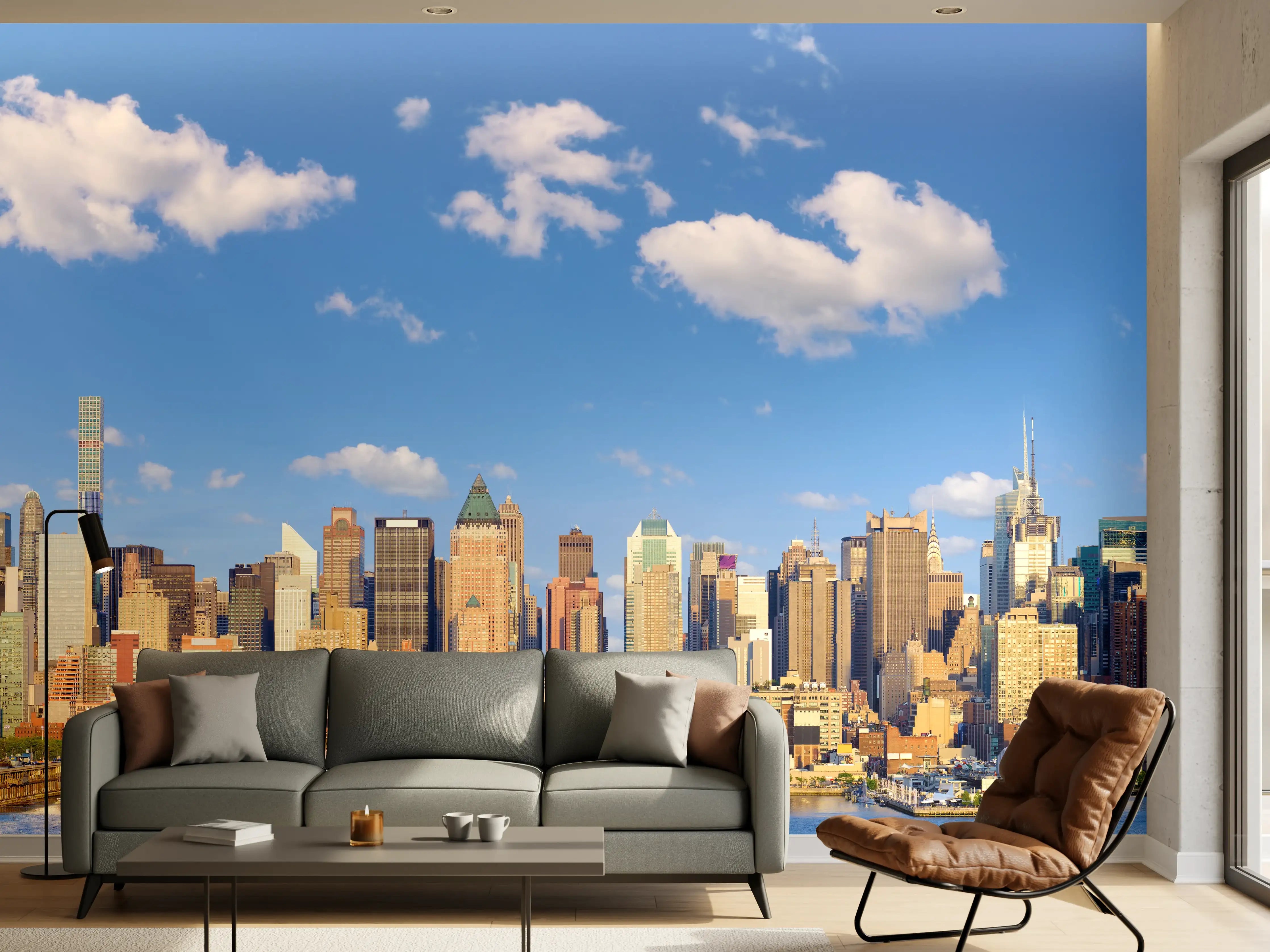 Wandverkleidung Wohnzimmer - Manhattan Skyline Blau-Beige