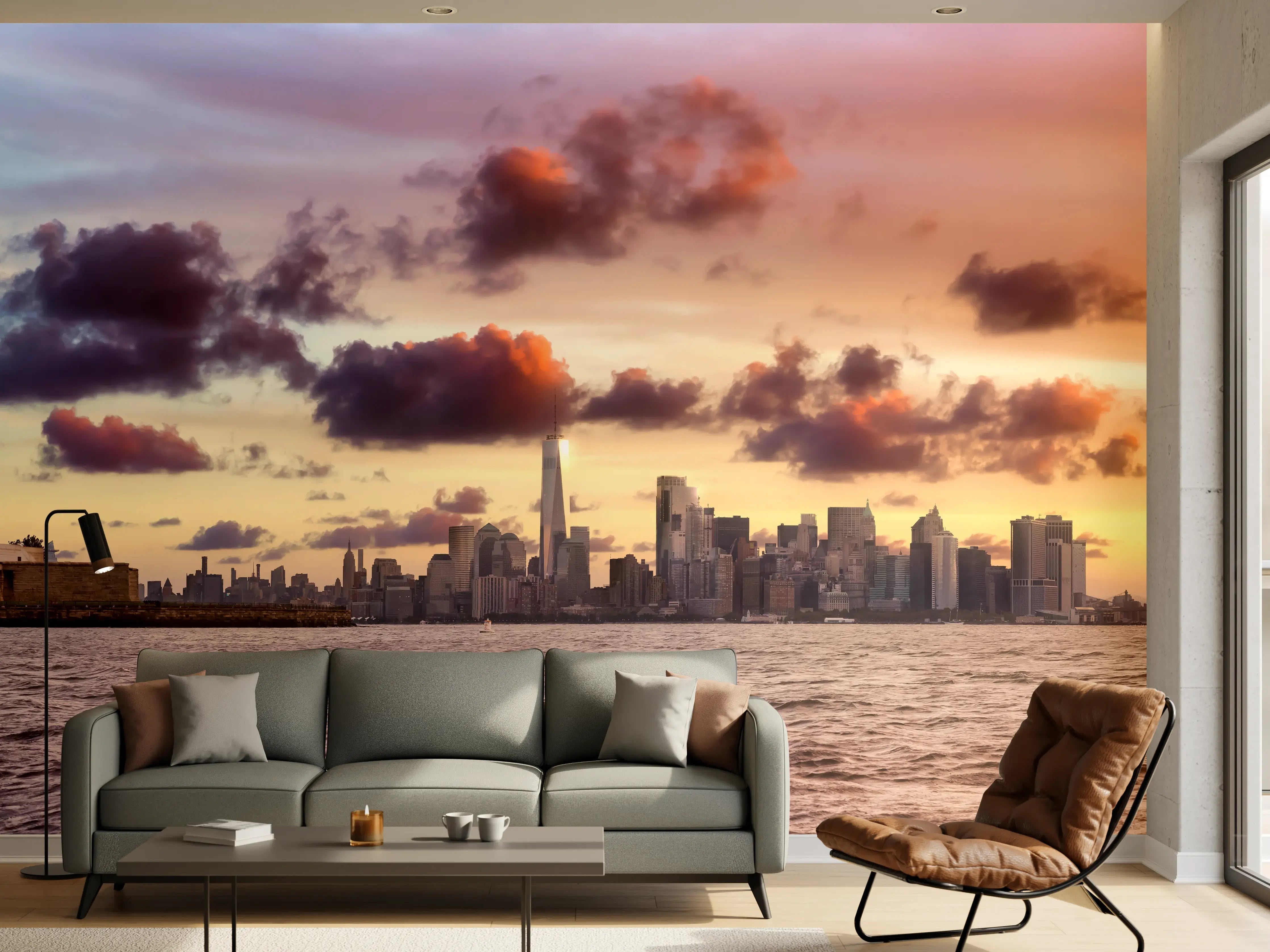 Wandverkleidung Wohnzimmer - Manhattan Skyline Sonnenuntergang
