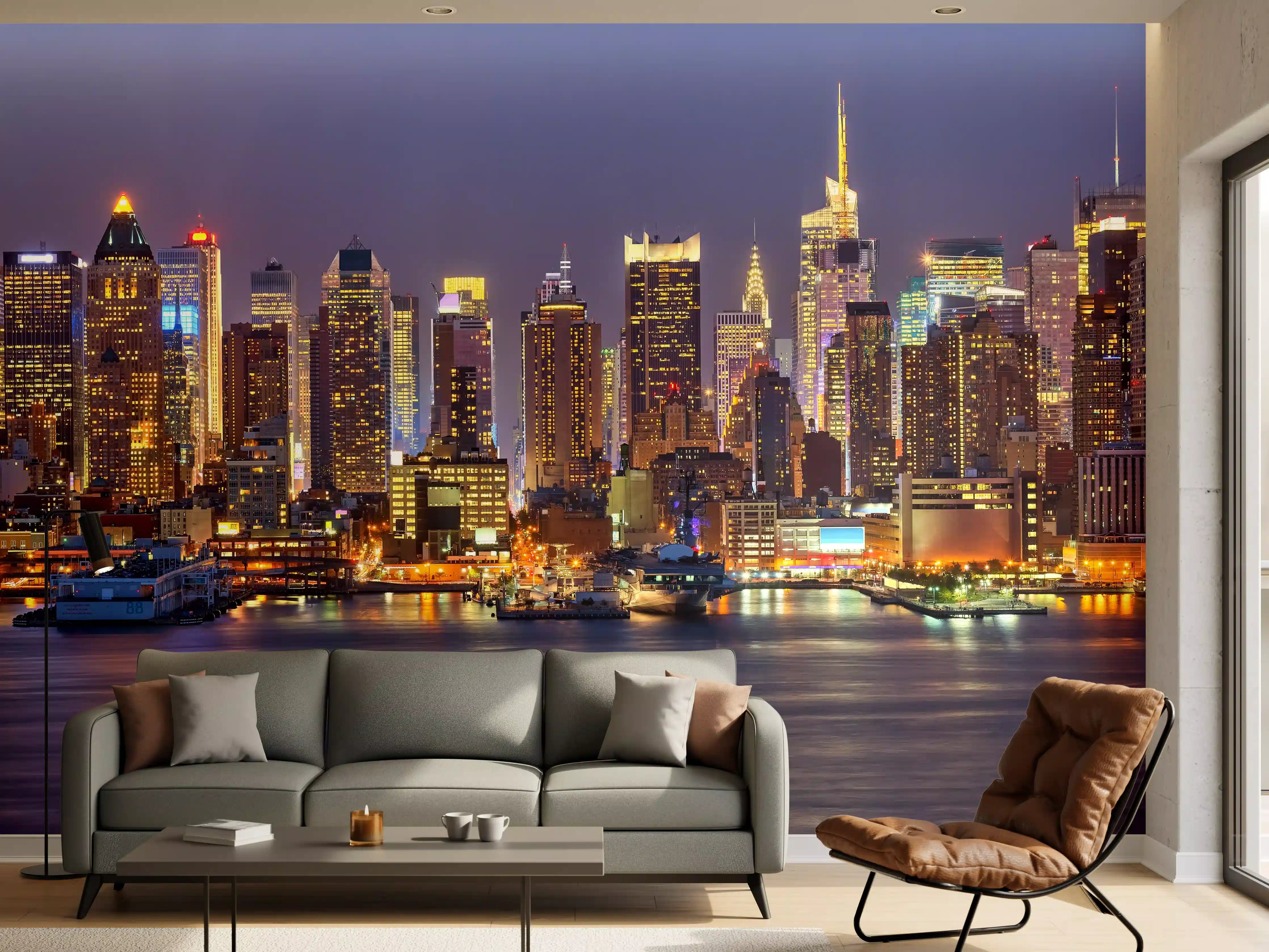 Wandverkleidung Wohnzimmer - Manhattan Skyline bei Nacht