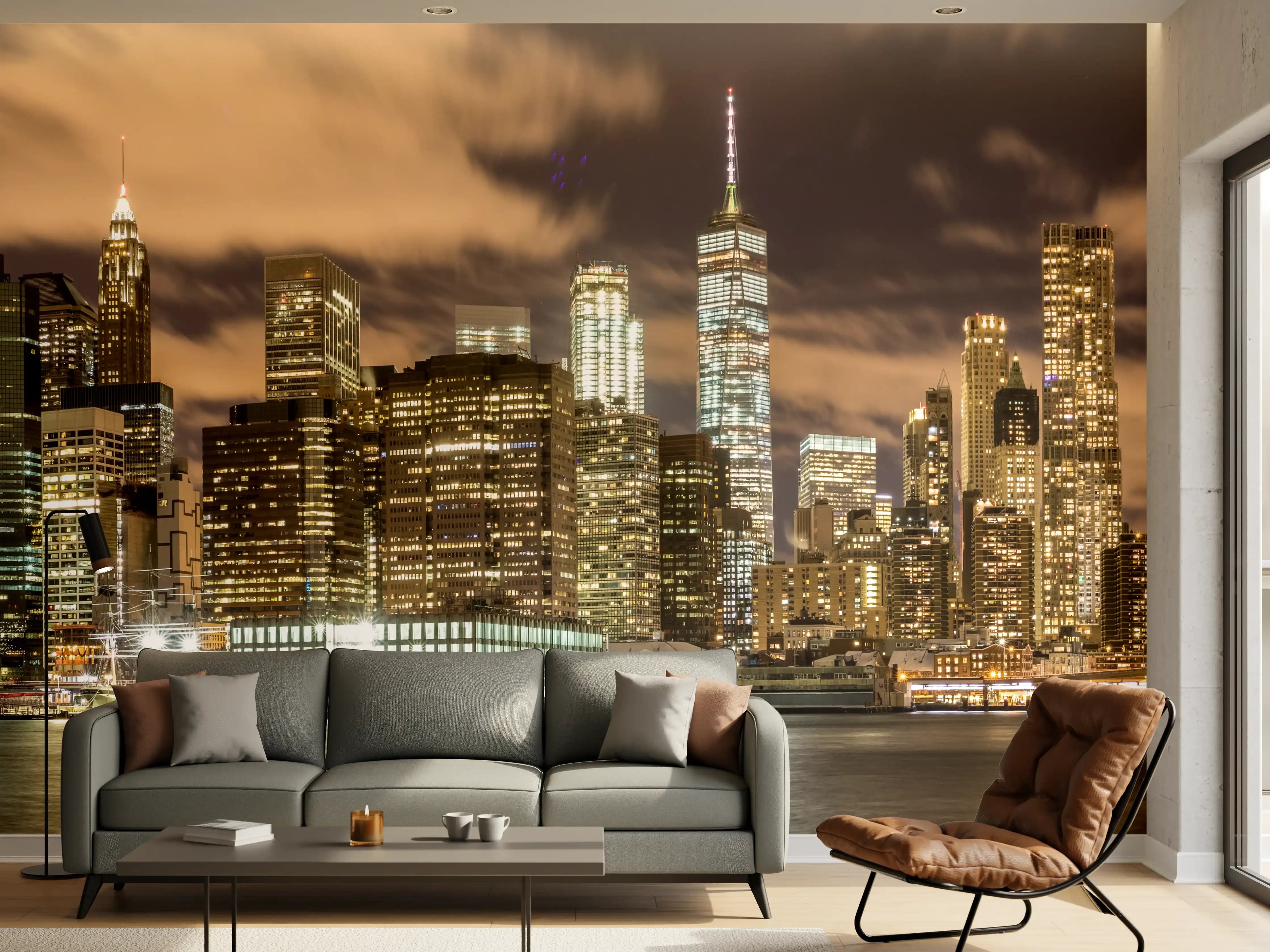 Wandverkleidung Wohnzimmer - Manhattan Skyline im Glanz der Nacht