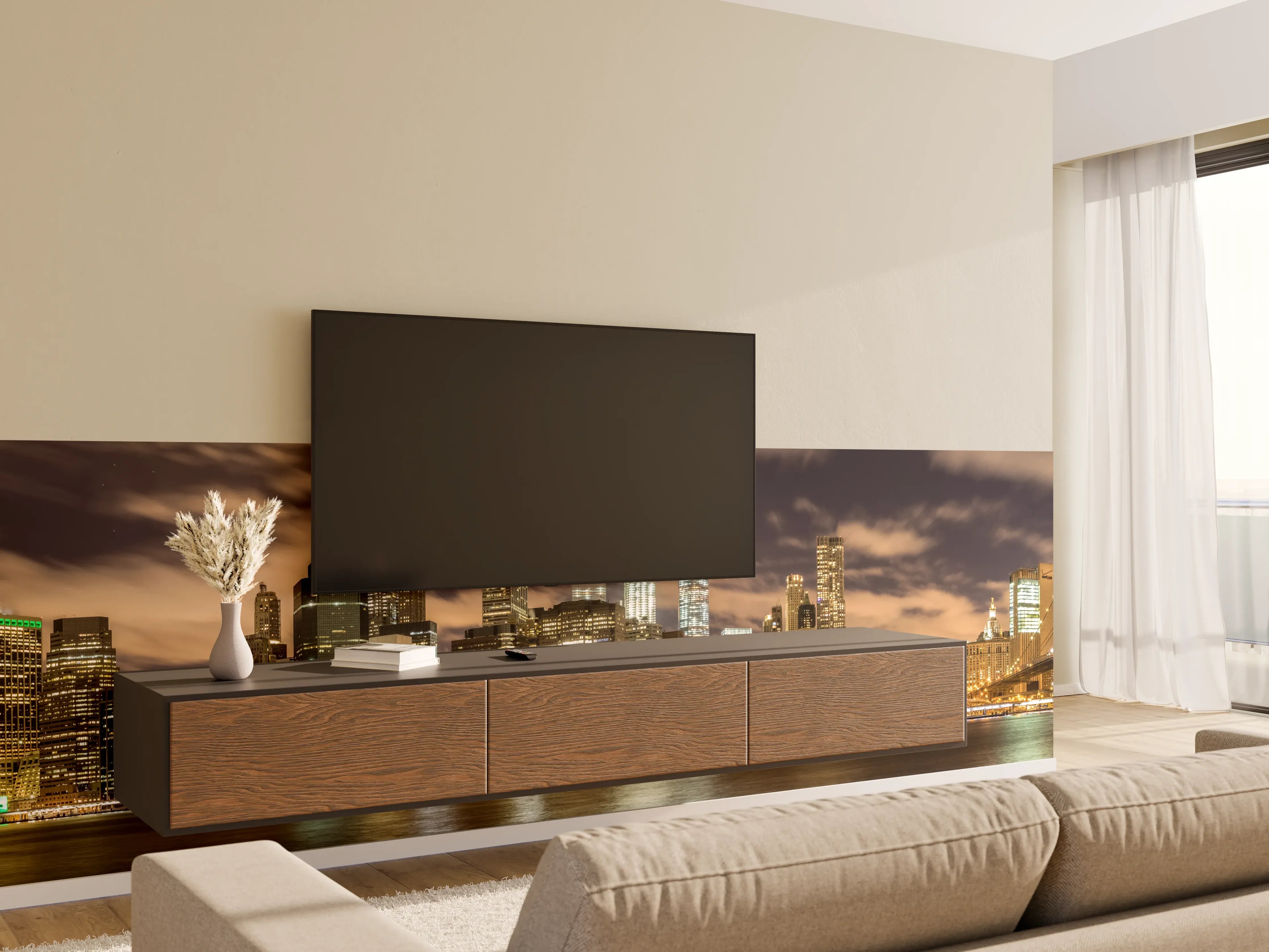 Wandverkleidung Wohnzimmer - Manhattan Skyline im Glanz der Nacht
