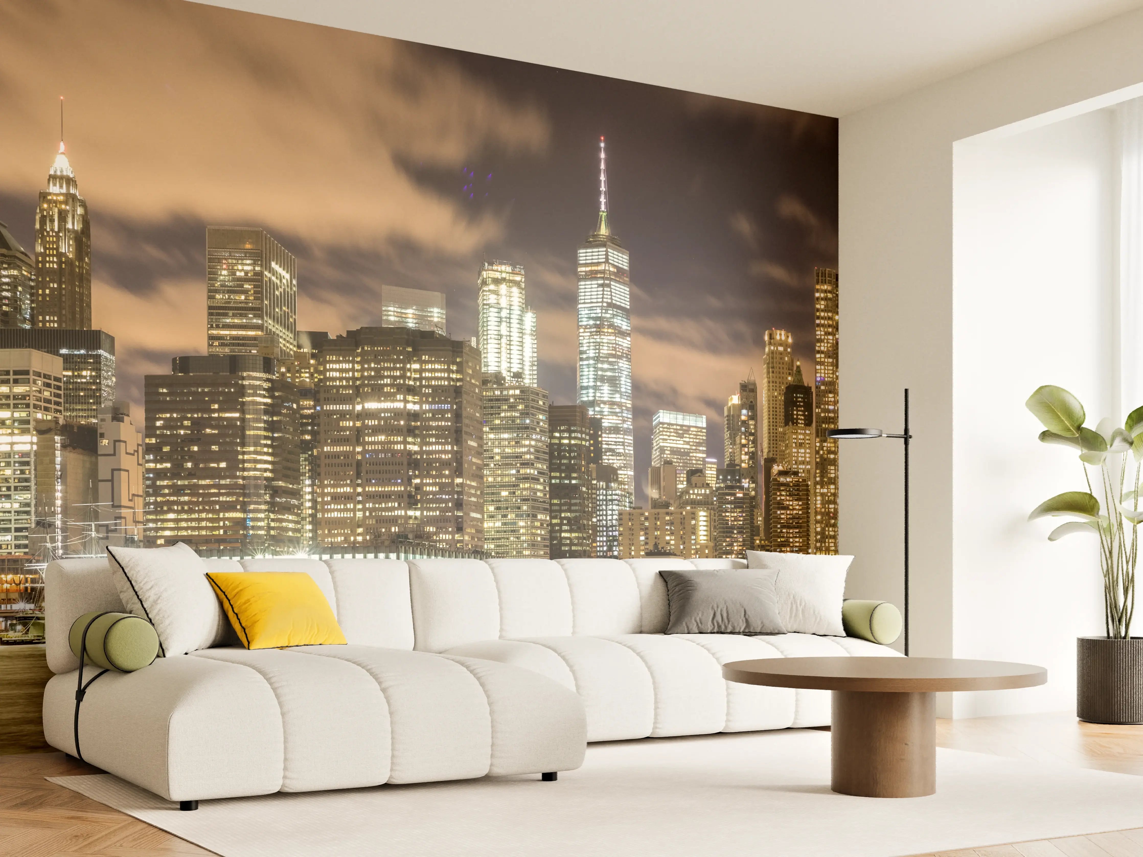 Wandverkleidung Wohnzimmer - Manhattan Skyline im Glanz der Nacht