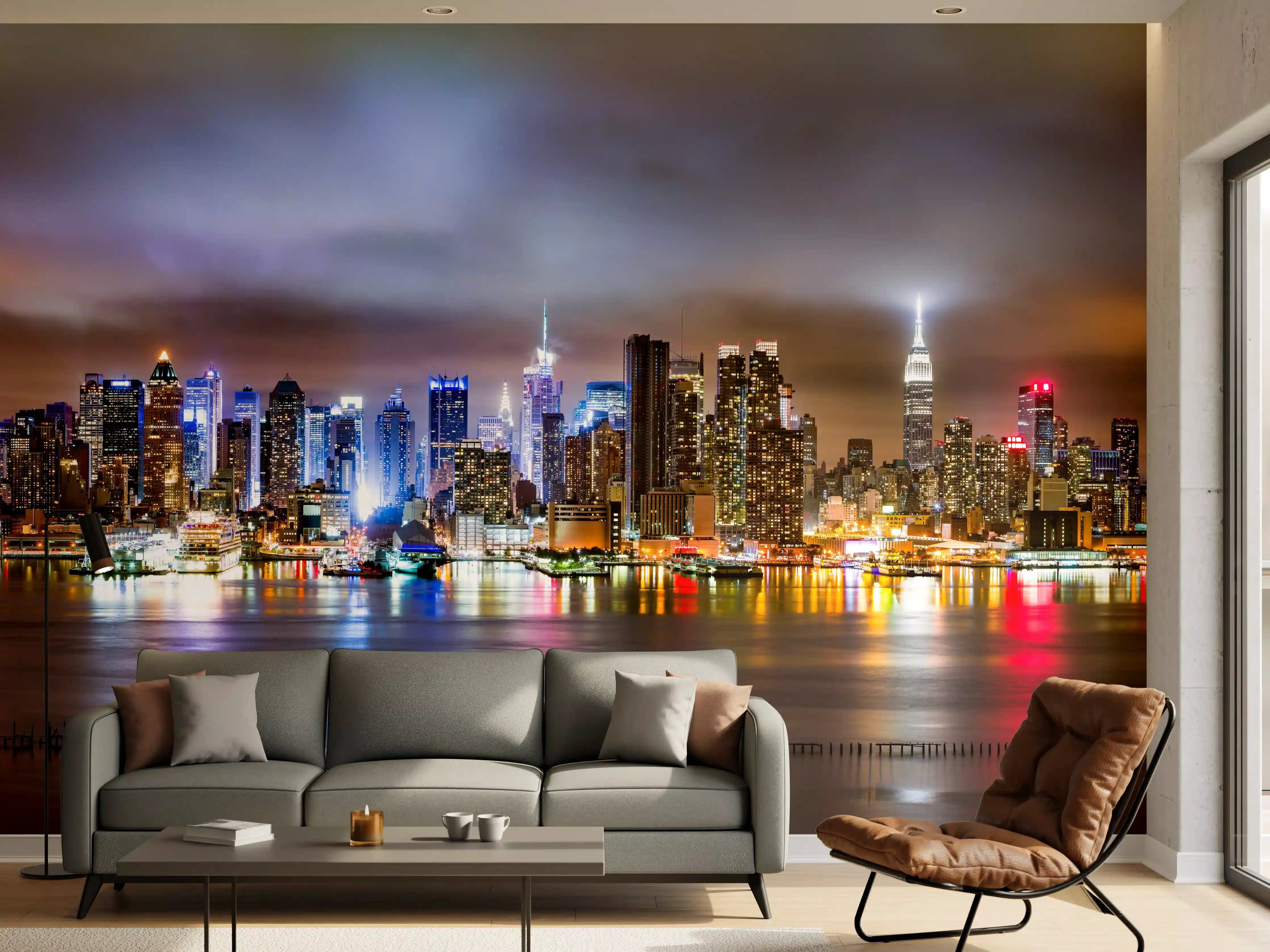 Wandverkleidung Wohnzimmer - Manhattan Skyline im nächtlichen Panorama