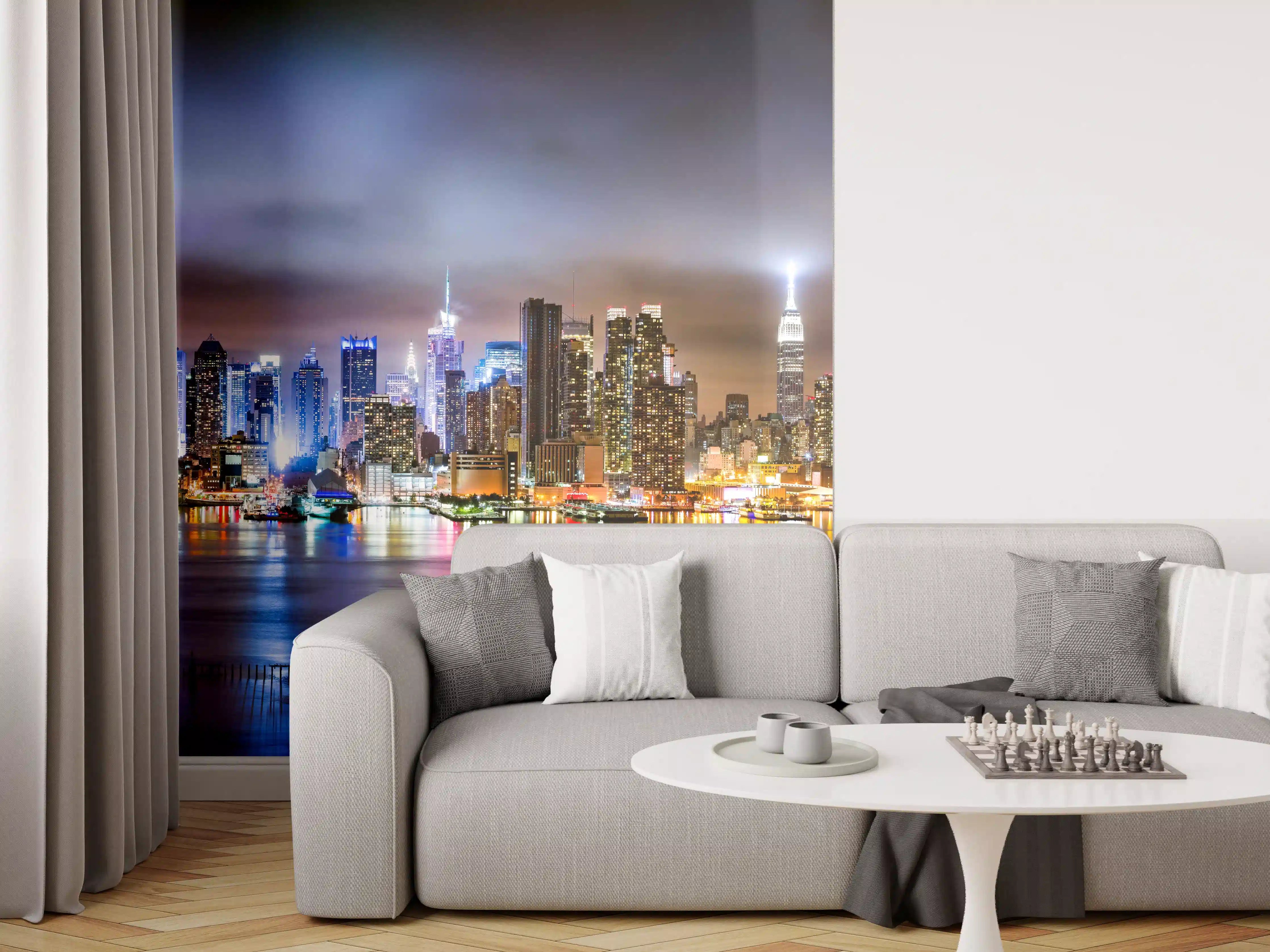 Wandverkleidung Wohnzimmer - Manhattan Skyline im nächtlichen Panorama