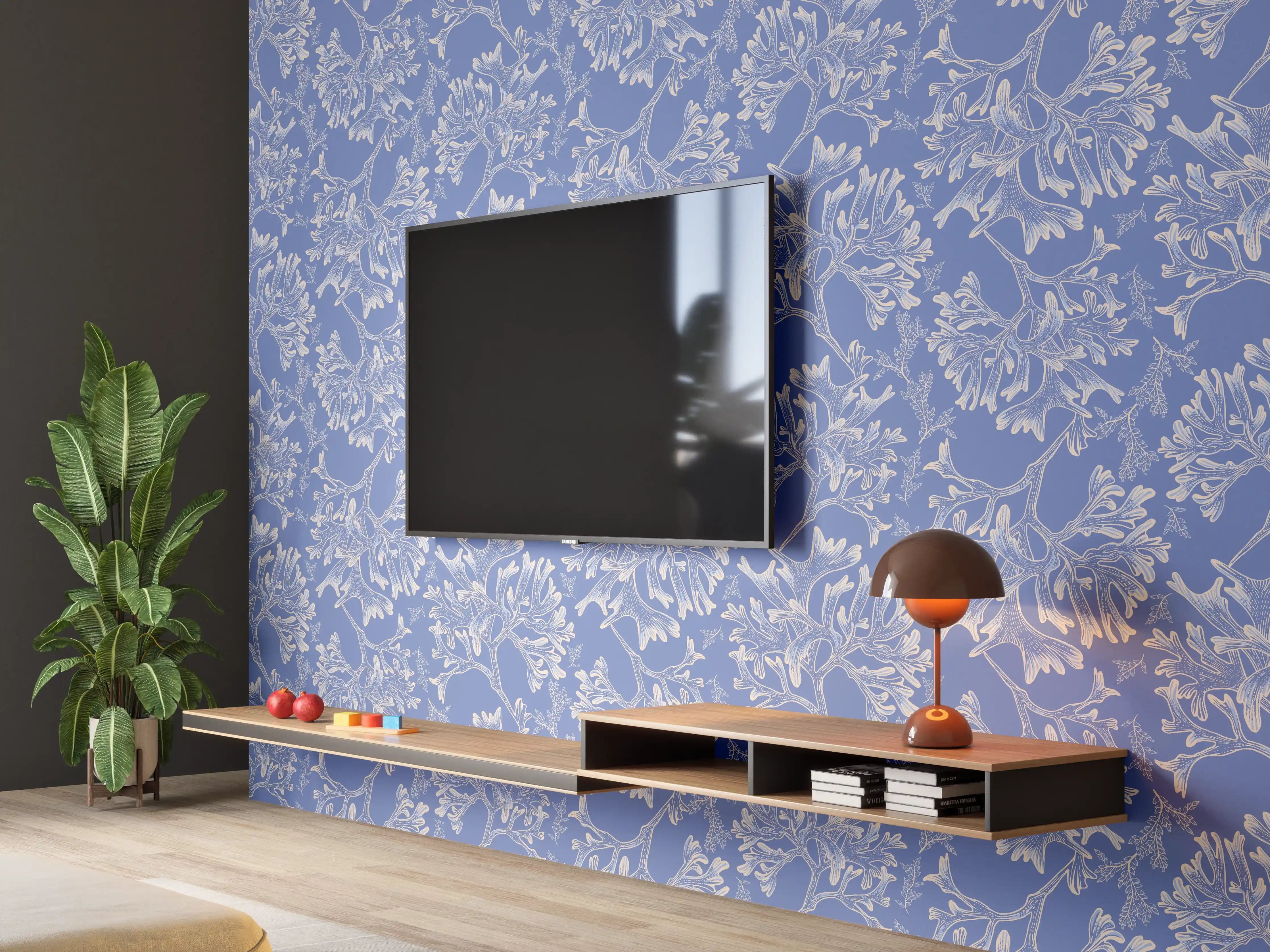 Wandverkleidung Wohnzimmer - Marineblaues Korallenmuster
