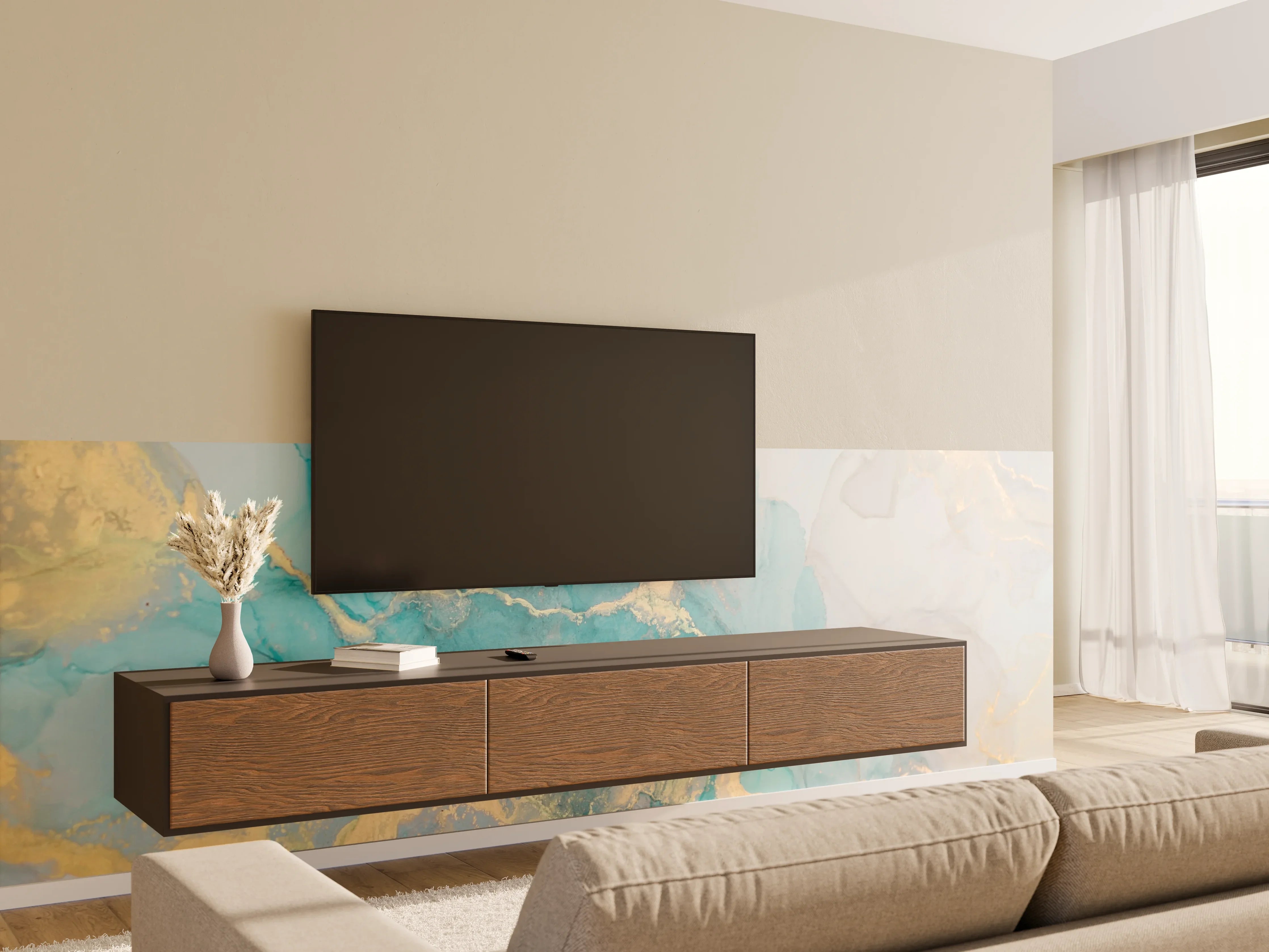 Wandverkleidung Wohnzimmer - Maritime Aquarellkunst mit Goldakzenten
