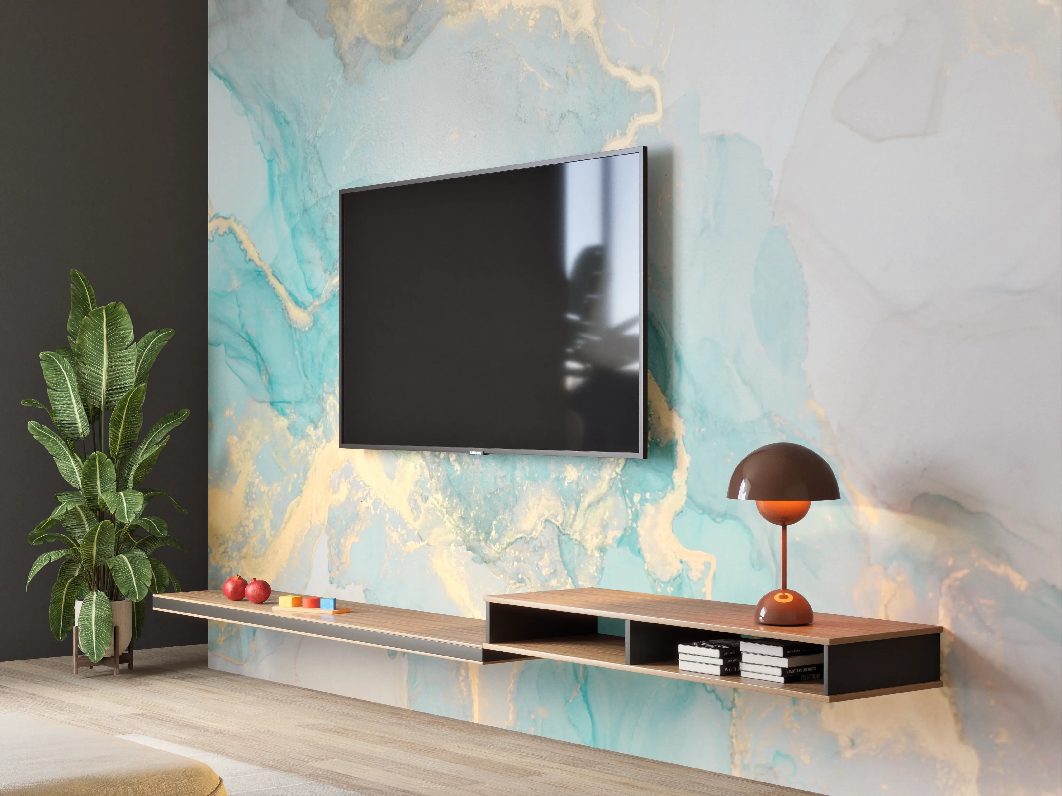 Wandverkleidung Wohnzimmer - Maritime Aquarellkunst mit Goldakzenten