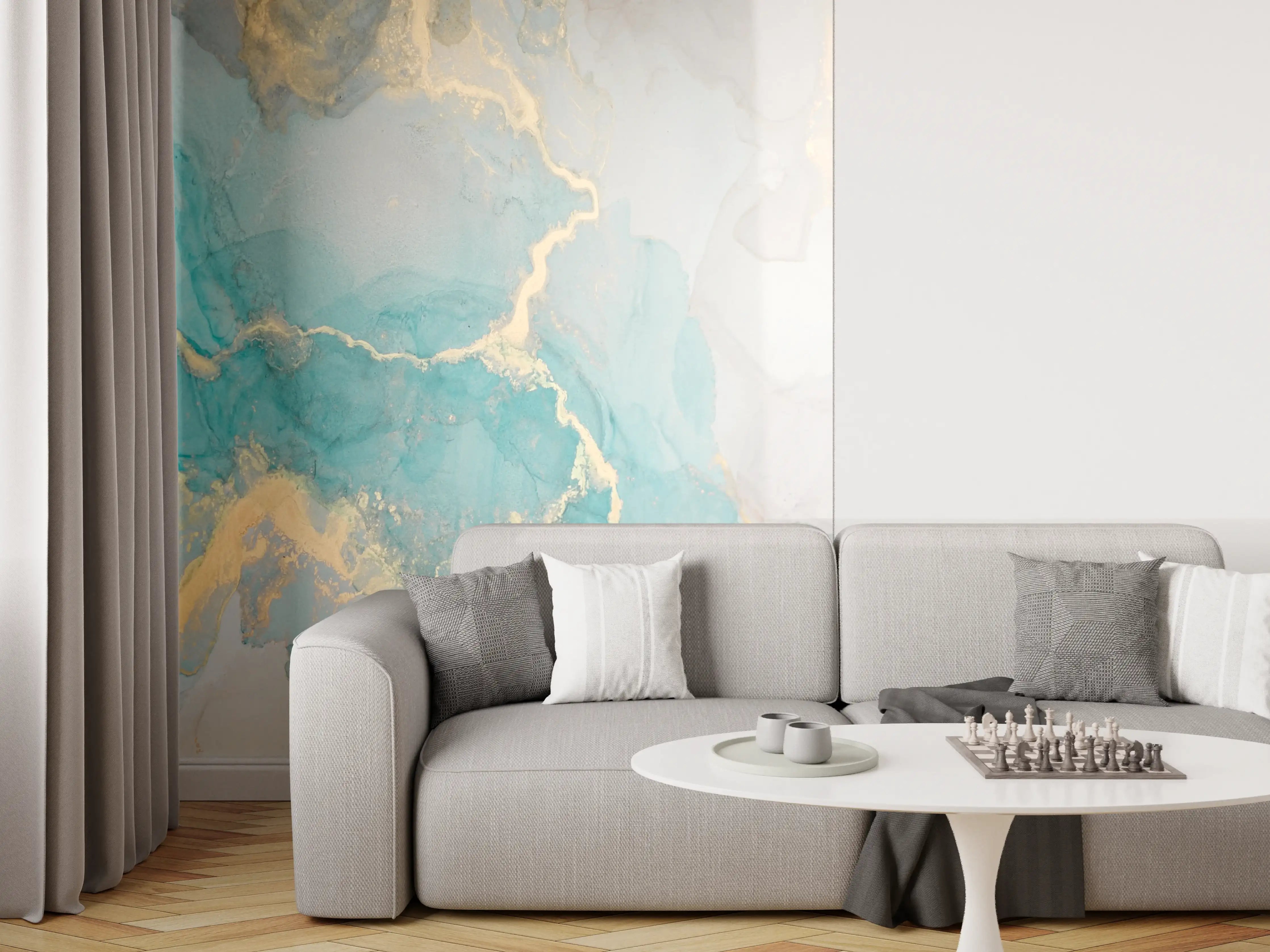 Wandverkleidung Wohnzimmer - Maritime Aquarellkunst mit Goldakzenten
